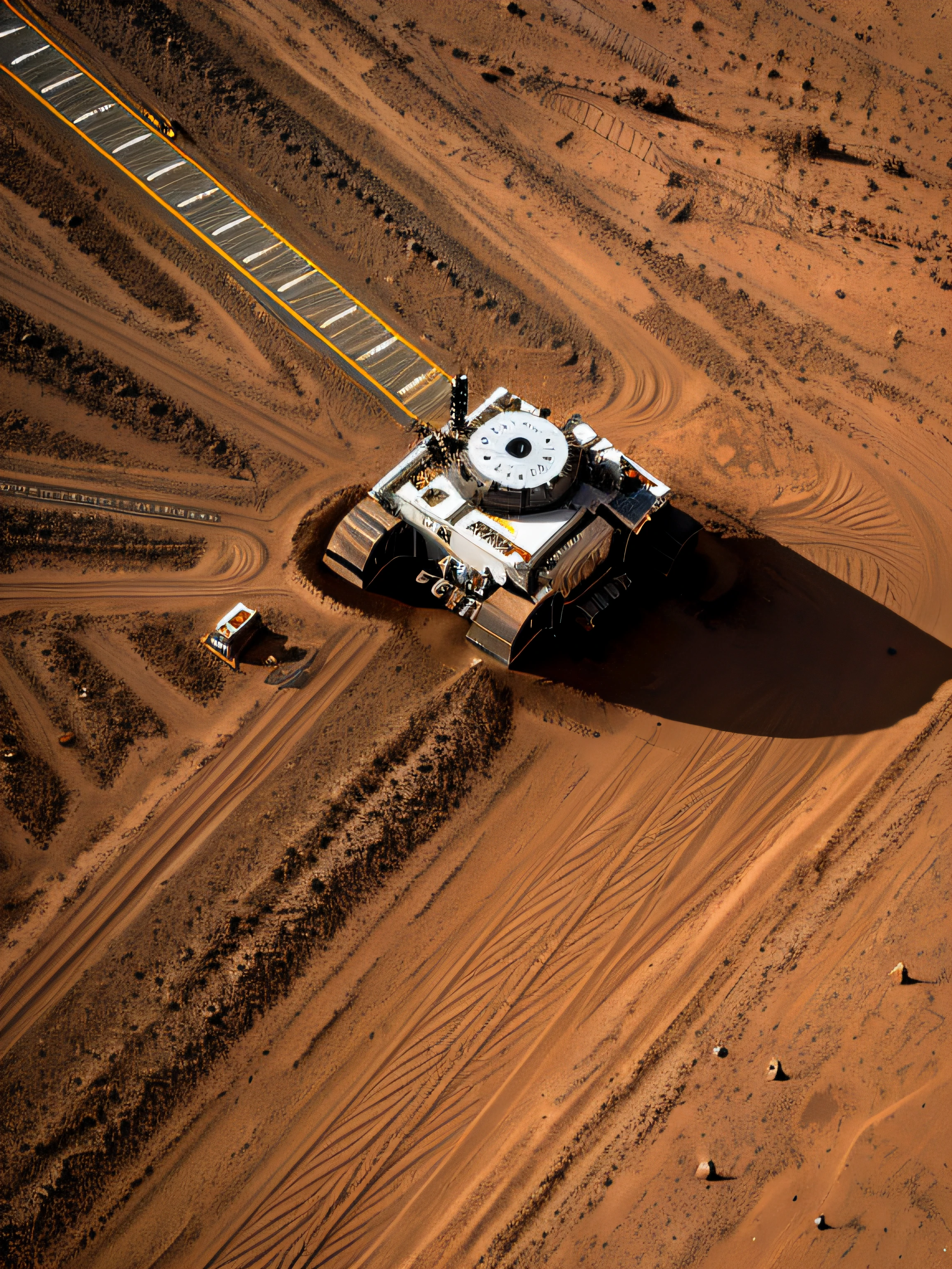 On Mars, a huge cutting-edge drilling machine is at work. The Martian ground is dotted with metallic texture and many mining workers. Bright pictures, different machines, starry sky, daytime, digging into large mechanical details, super wide angle, bird's eye view, high reality, light and dark