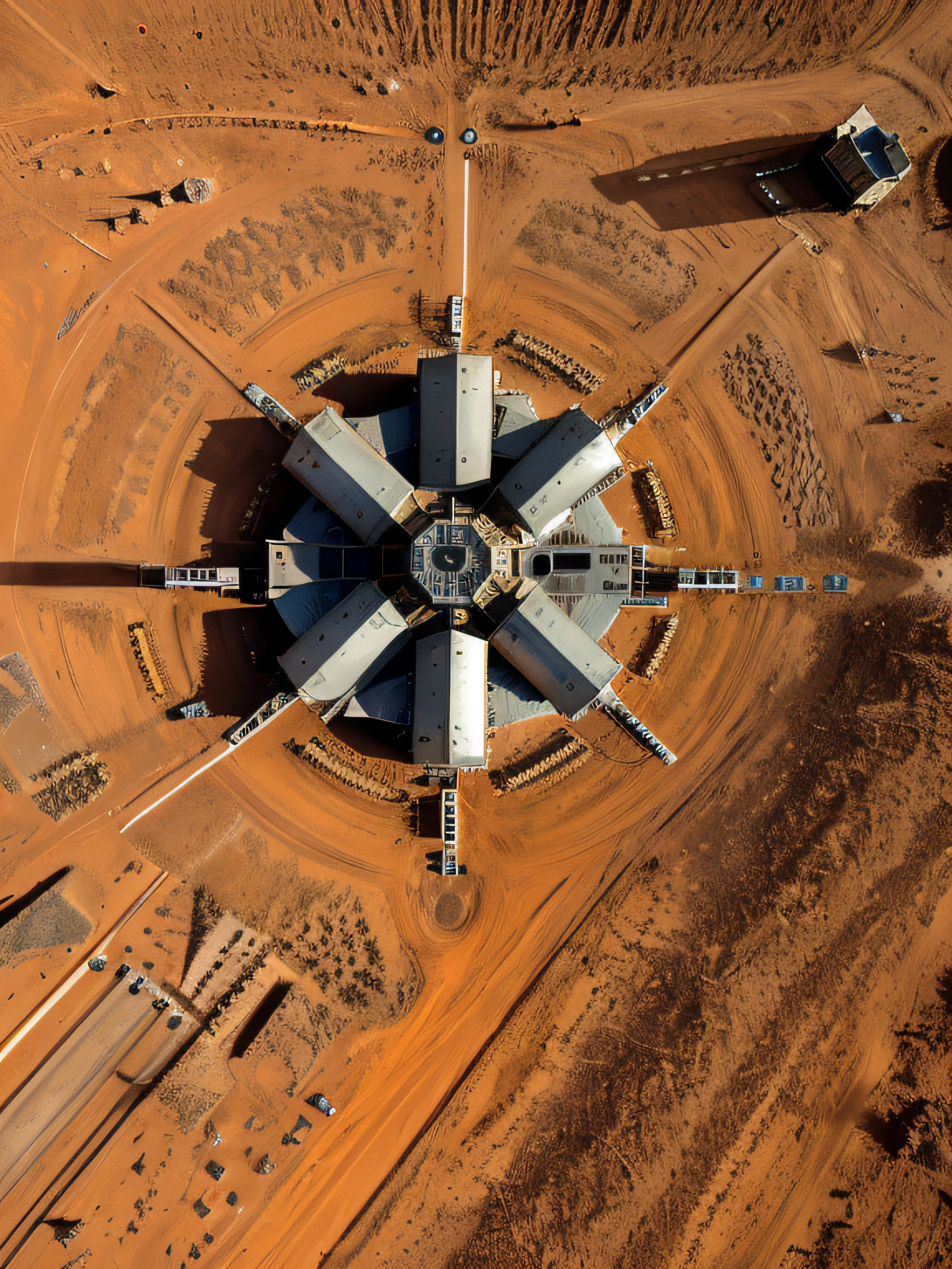 On Mars, a huge cutting-edge drilling machine is at work. The Martian ground is dotted with metallic texture and many mining workers. Bright pictures, different machines, starry sky, daytime, digging into large mechanical details, super wide angle, bird's eye view, high reality, light and dark
