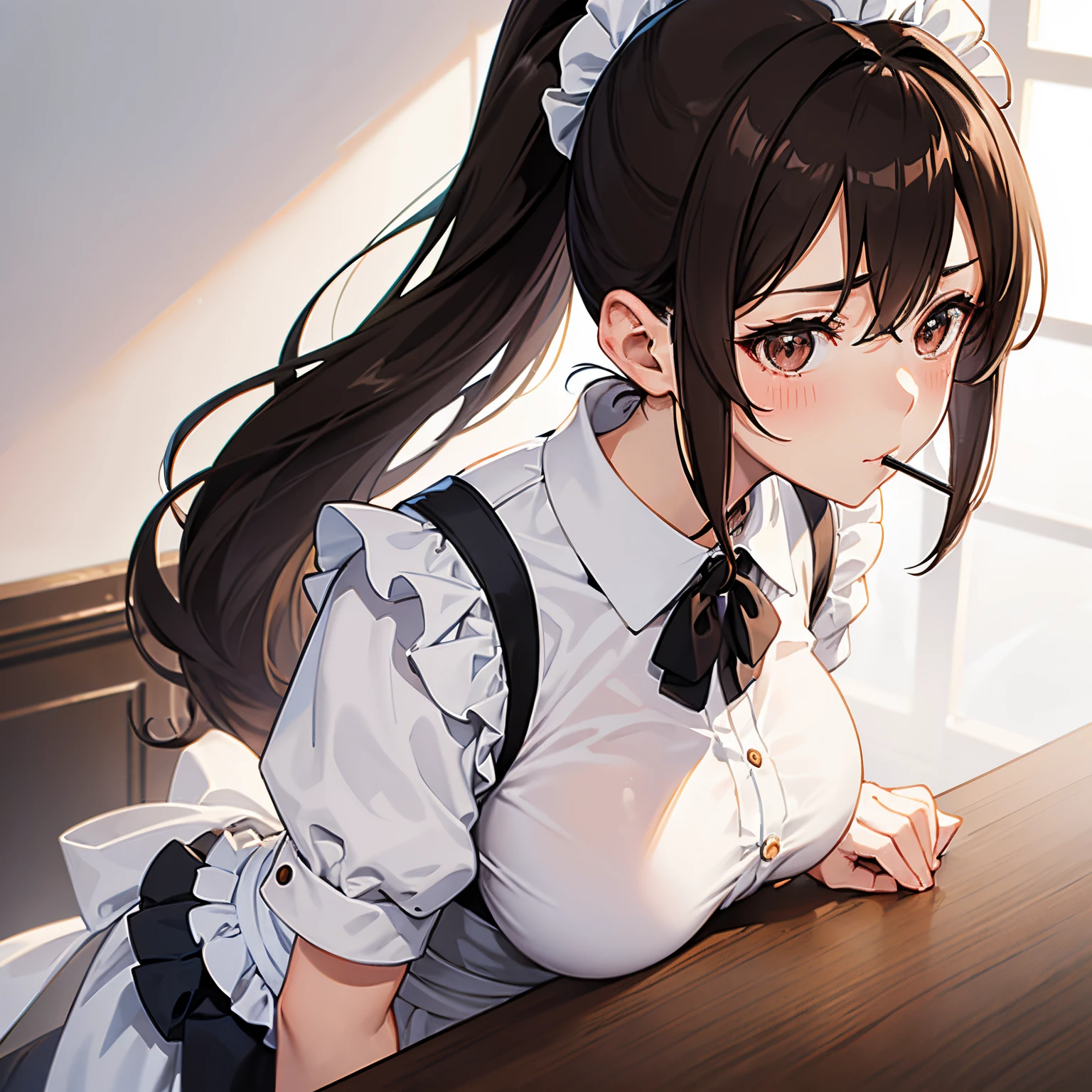 "anime girl, 1 person, dark brown hair, ponytail, ponytail, hair tied, brown eyes, hair tie in mouth, maid, maid, big breasts, blushing, solo, side view front, (full HD 4K+ image )"