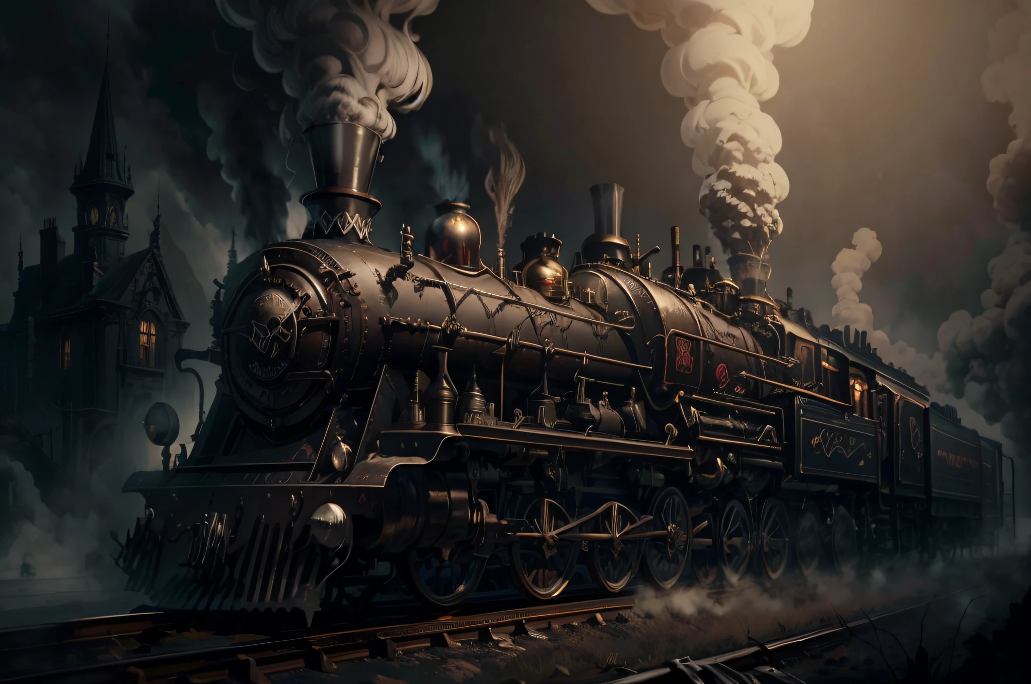 gothic steam engine train, masterpiece, 16k, UHD, HDR