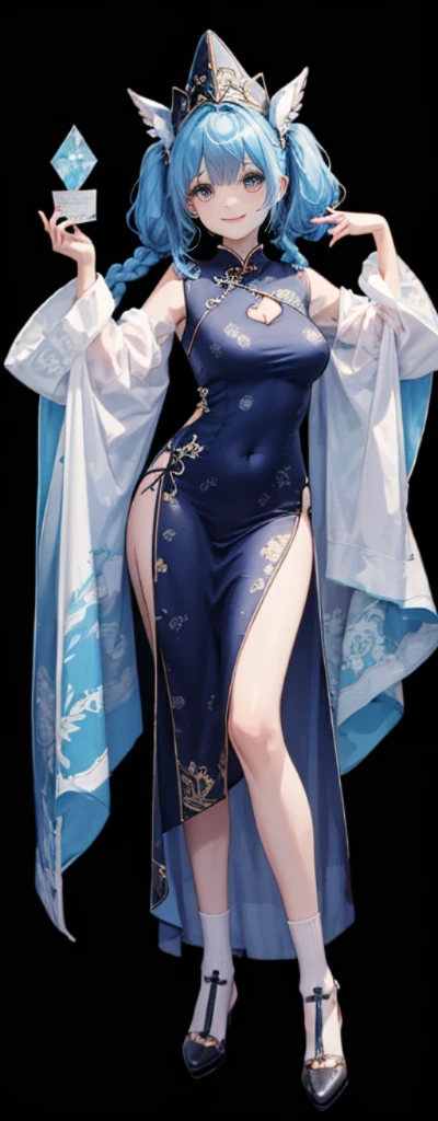 （Full body photo），Fluorescent background，（1 Witch，Flash fluorescence，Hats，Transparent tulle cheongsam，Delicate headgear，ssmile），（paper art，Quilted paper art，geometry），（Lots of colors，Best quality，high detal，tmasterpiece，movie light effect，4K，lightand shade contrast），Blue transparent tulle cheongsam，pigtails，Red knee-length socks，luminous totem，eBlue eyes，blue hair and big breasts，long braid，