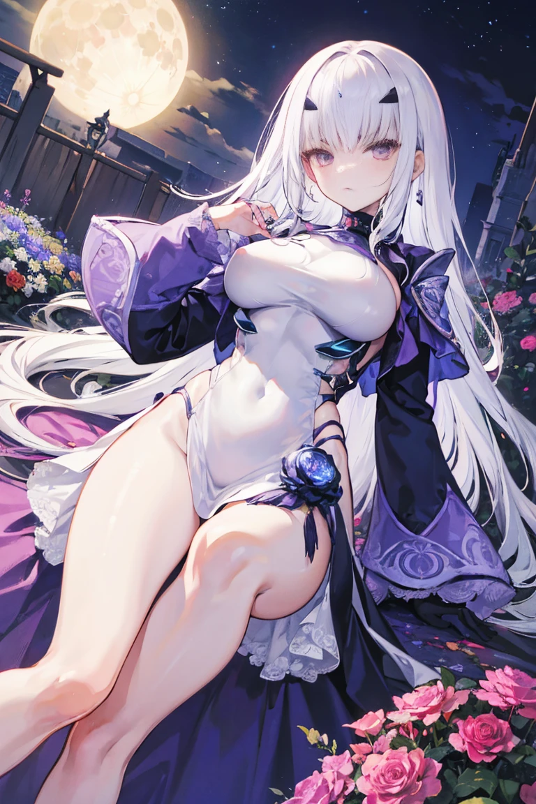 White-haired woman,Aura around,Beautiful purple eyes,White gauze dress, thin, Purple cloth covers all vital organs except the face................., Wear a knee-length white dress..................,The arm does not reach the top of the hip..................,The arms are small................, But the ligaments are very large..................,Soft hands,at night,moon,turned sideways,purple eyes,flower garden,with large breasts,Fairly tall,adolescent