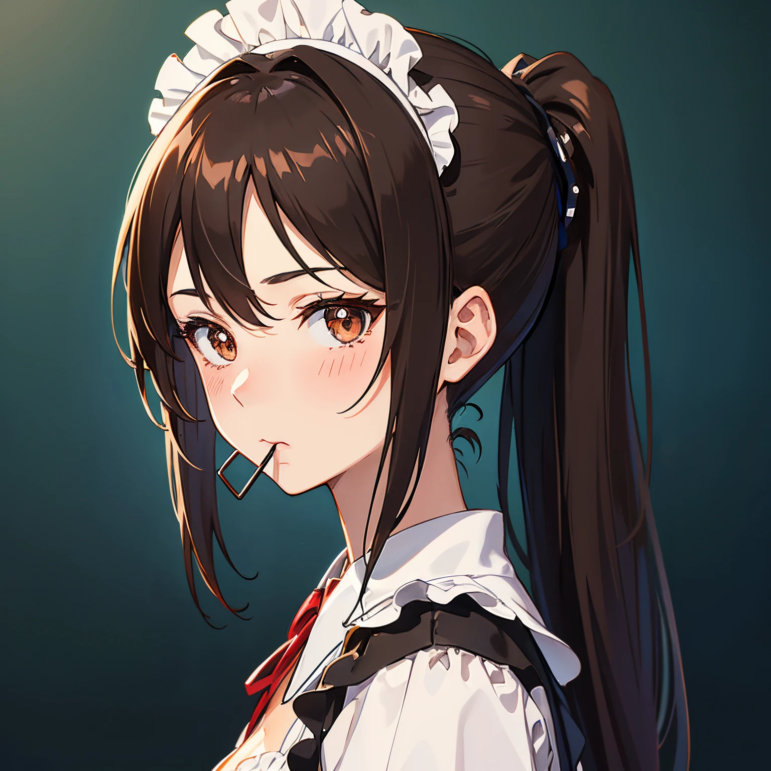 "anime girl, 1 person, dark brown hair, ponytail, ponytail, hair tied, brown eyes, hair tie in mouth, maid, maid, big breasts, blushing, solo, side view front, (full HD 4K+ image )"