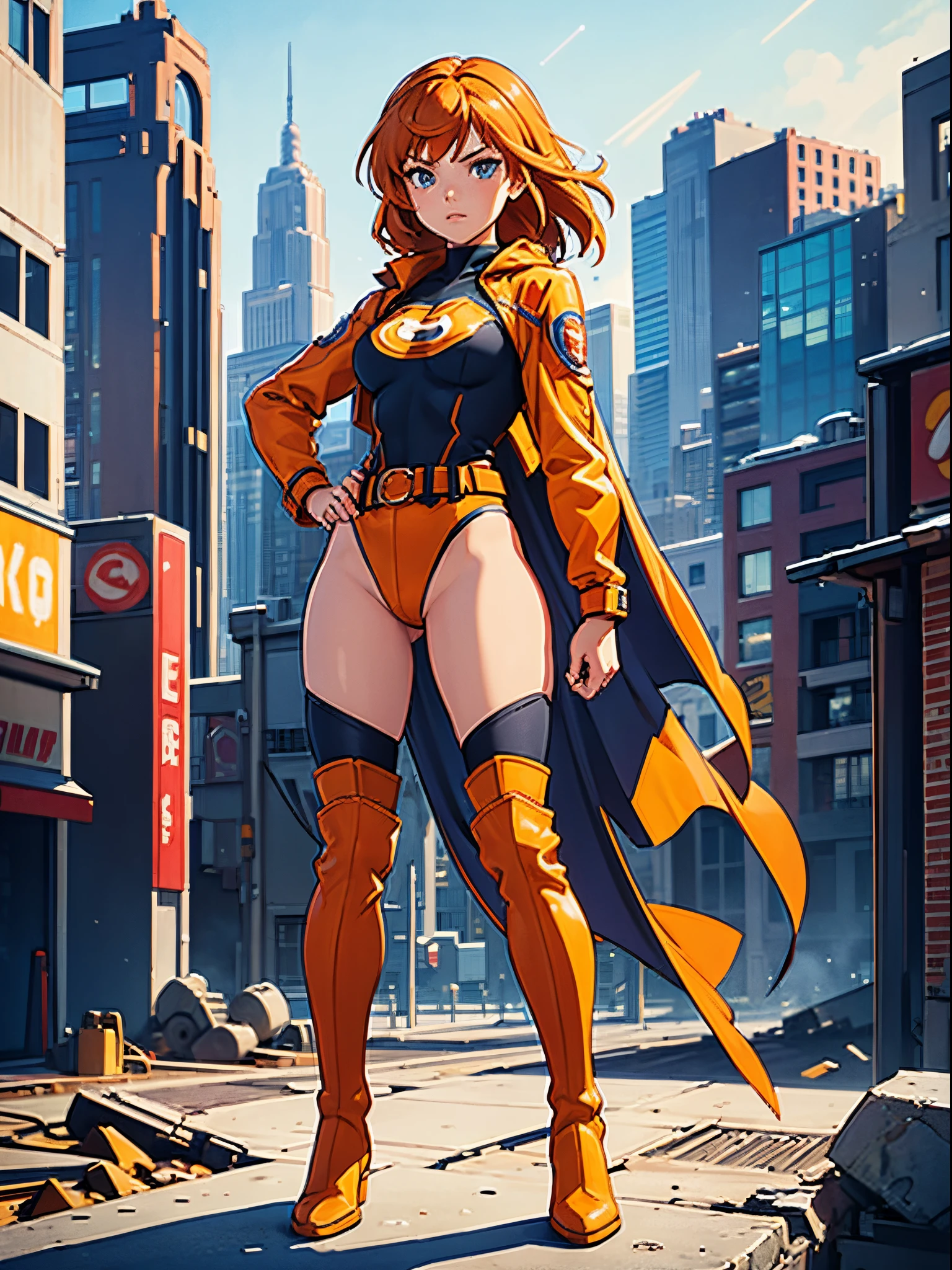 masterpiece, best quality, 1girl, superhero, leotard, bare legs, knee boots, matching boots, heroic, city backdrop, standing, body infused with energy, light particles, solo, single, cowboy shot, perfect anatomy, hand on hip, orange hair, beautiful detailed eyes, belt