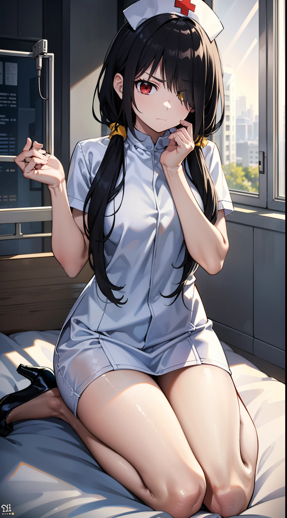 Kurosaki， Tokisaki Crazy Trio， black hair color hair， Low double ponytail， （Hair above one eye：1.5）， （red eyes：1.2）， （Small under breasts：1.2）， Break thighs and thighs， Hats，， white thighhig， nurse hat， nurses， Tokisaki Crazy Trio， Audience rest， BREAK indoors， Pretend to sleep， Bedrooms， intermittently （tmasterpiece：1.2）， Best quality， A high resolution， Unity 8k壁纸， （lamplight：0.8）， （beautidful eyes：1.6）， exceedingly, exceedingly, The face is very delicate， perfect litthing，extremely detremely detailed CG，（perfect hand，perfect anatomia），professionalartwork, Complicated details, Field of View, Focus sharp, Detailed depiction of the, Photorealistic lighting, Popular topics on pixiv,(tmasterpiece:1.0),(The best_quality:1.0), 超A high resolution, ultra - detailed, photography, 8K, HighDynamicRange, A high resolution, Ridiculous resources:1.2, Cordas Portela 400, filmgrain, Focus sharp, bokeh:1.2, lens flare glow, (a vibrant one_colours:1.2), (((Indoors, Hospital details))), Anaros, 1 plump girl, female maturity, black hair color hair, Long gray hair, (yellow eyes), Large breasts, nurses, nurse's outfit, high-heels, soft skin, hair intakes, (Alone:1.4), (Full body like，covering breasts), Angry and shy, Angry and shy face，lie，Lie down in bed，The room was messy，nurse's outfit，White transparent clothes