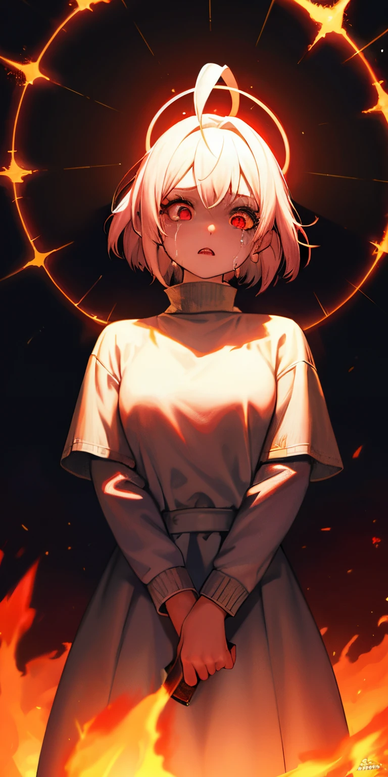 1girl, short white hair, reddish pink eyes, albino, fire witch, blood dripping from forehead, light particles, light rays, wallpaper, high contrast, colorful, sweater dress, scared expression, fullbody, flames from mouth, two hands holding sides of her head, explosion, having a panic attack, wide eyes, looking scared at viewer, biblically accurate angel, halo background, dark background, eyes in background, panic attack, high quality, masterpiece, torn clothes, blood dripping down face, crying