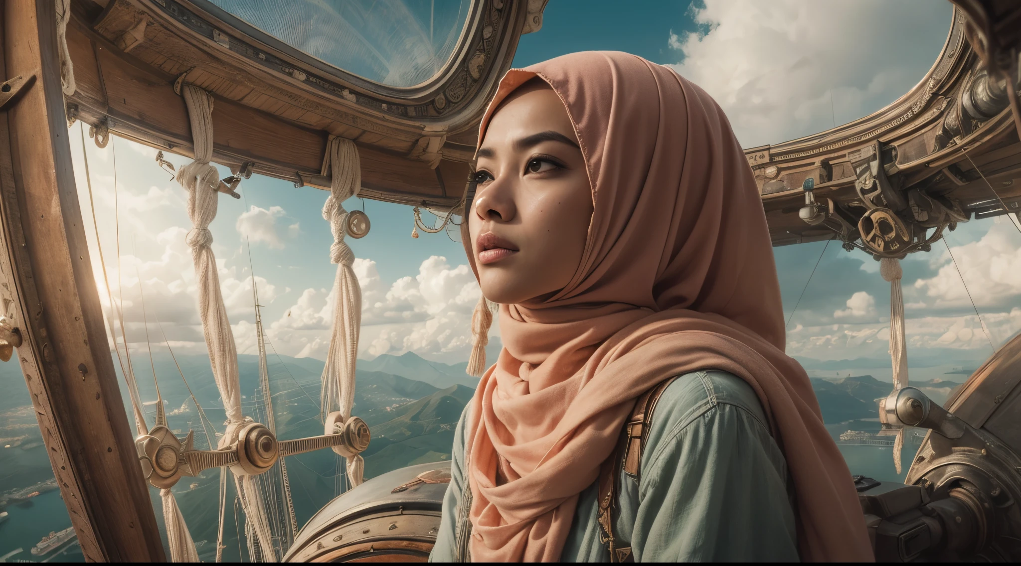 Position the Malay girl in hijab aboard a fantastical airship sailing through the skies. She's part of an airborne journey filled with wonder and discovery, high quality, ultra detail, 8k, cinematic color, 28mm, Establishing shot, muted color grading, cinemascope,