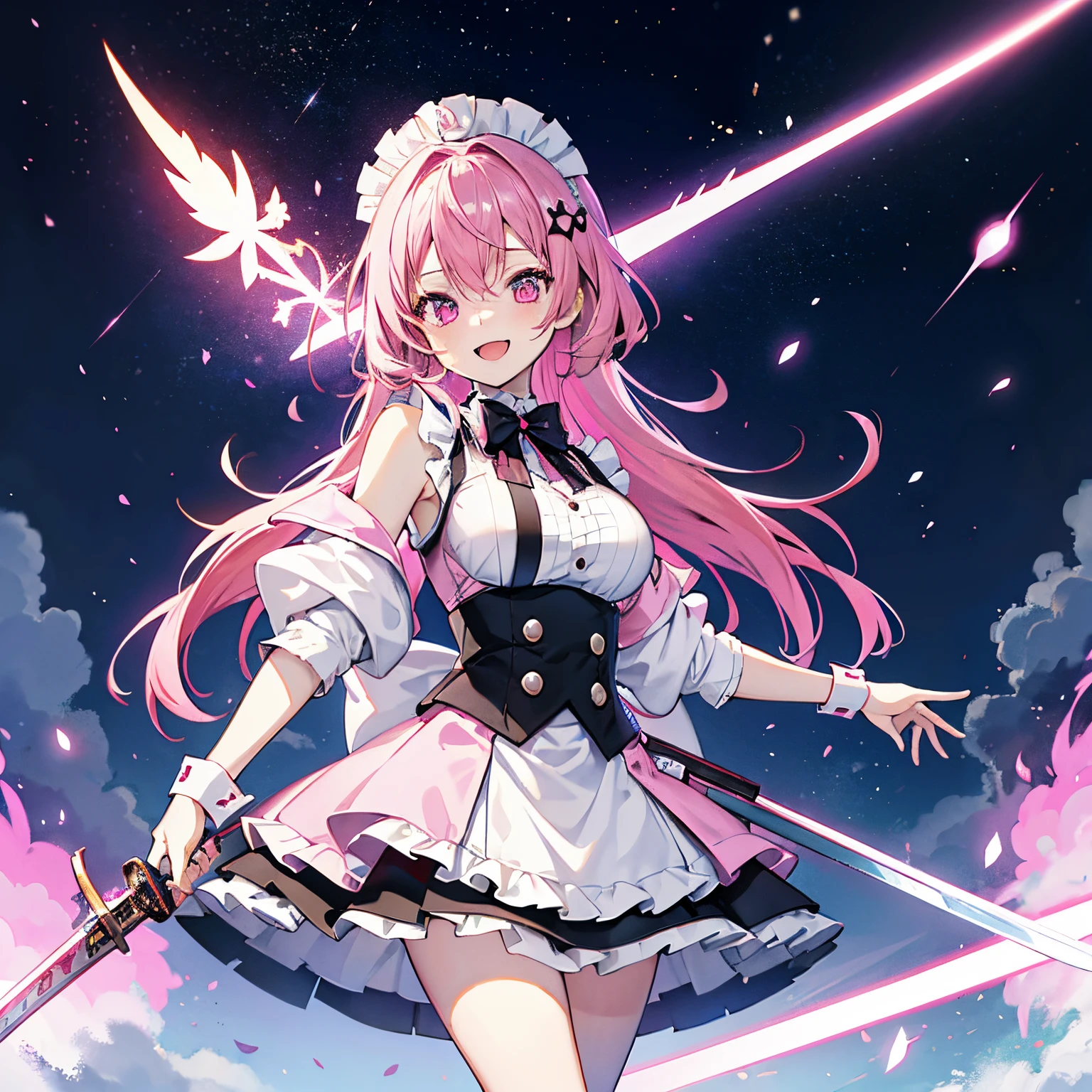"anime girl, 1 person, pink hair, pink cat ears, pink eyes, maid outfit, maid, with twin takana swords on her back, takana sword, black women's off-the-shoulder jacket, black miniskirt, big breasts, There are ice crystals flying around behind, smiling triumphantly, solo, looking straight, standing cross-legged. (full HD 4K+ image)"