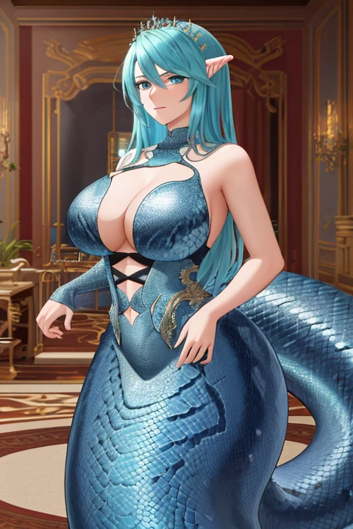 ((best quality)), ((highly detailed)), masterpiece, extremely detailed face, beautiful face, (detailed eyes, deep eyes), (1girl), cowboy shot, (lamia), scales, tail, merged at waist, standing, (cyan scales), snake eyes, (in a mansion), Defaultz style, English text