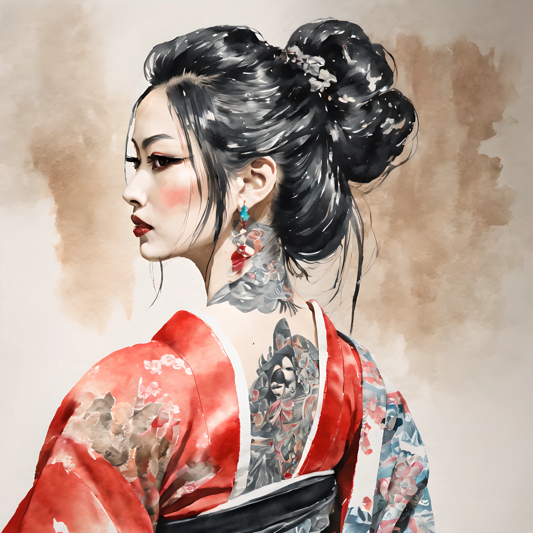 (Portraite Theme:1.5),(Brave:1.5),(Brave challenge:1.5),(back shot:1.5), (ink and watercolor painting:1.5), (Tasteful:1.5), (ink and watercolor painting:1.5), (full color:1.5), 8k, 4k, (Yakuza:1.5), (mafia:1.5), (Portrait:1.5), (face_close_up:1.5), (face only:1.5), (1girl, solo), a extremely stunning beautiful Japanese Yakuza woman, wearing a red kimono outfit, Japanese clothes, tattoo, silver teeth, Gold Teeth, black straight long hair, Damaged hair, wearing a glasses,