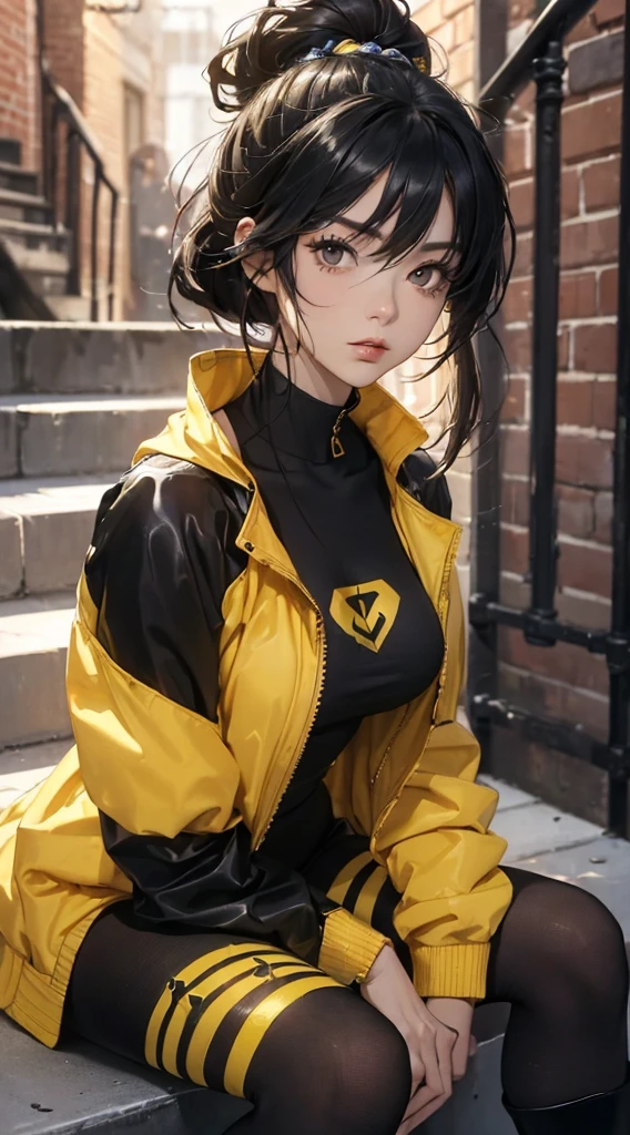 (((8k wallpaper of extremely detailed CG unit:1.2, masterpiece, hight resolution:1.2, top-quality:1.2, masutepiece))), ((a very beautiful woman, Street fashion:1.2, street wear:1.2, cyberpunked, Wearing a yellow jacket, wearing tights and boots, Woman sitting on stairs:1.5, foot out of frame:1.5)), ((extra detailed face, Highly detailed black eyes, extra detailed body, Top quality real texture skins)), (A dark-haired, bob cut hair:1.3, de pele branca, Small), ((Empty alley, Mileland)), isolated on white:1.3, high-angle, a closeup, hyper realisitic, digitial painting,
