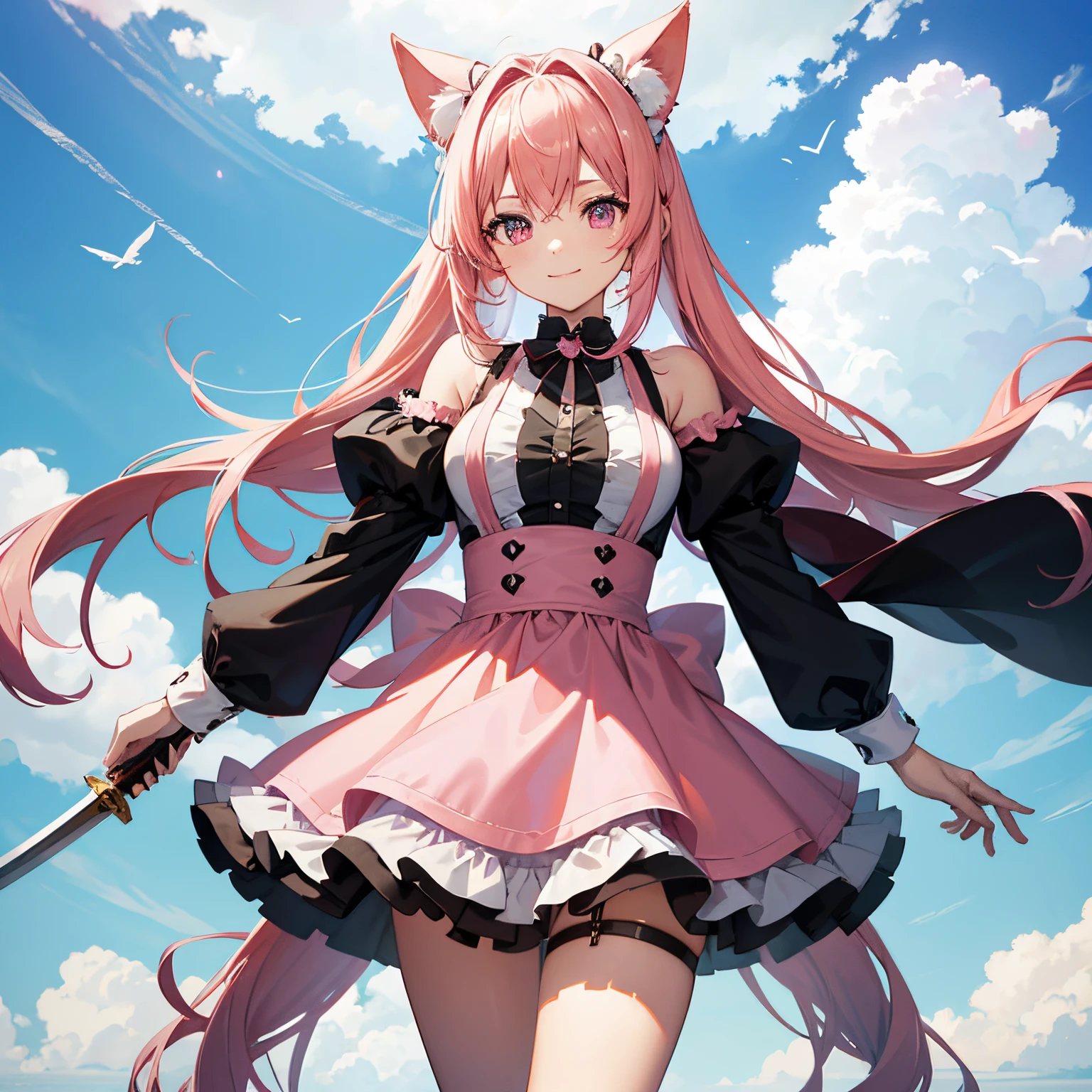 "anime girl, 1 person, pink hair, pink cat ears, pink eyes, maid outfit, maid, with twin takana swords on her back, takana sword, black women's off-the-shoulder jacket, black miniskirt, big breasts,  There are ice crystals flying around behind, smiling triumphantly, solo, looking straight, standing cross-legged. (full HD 4K+ image)"