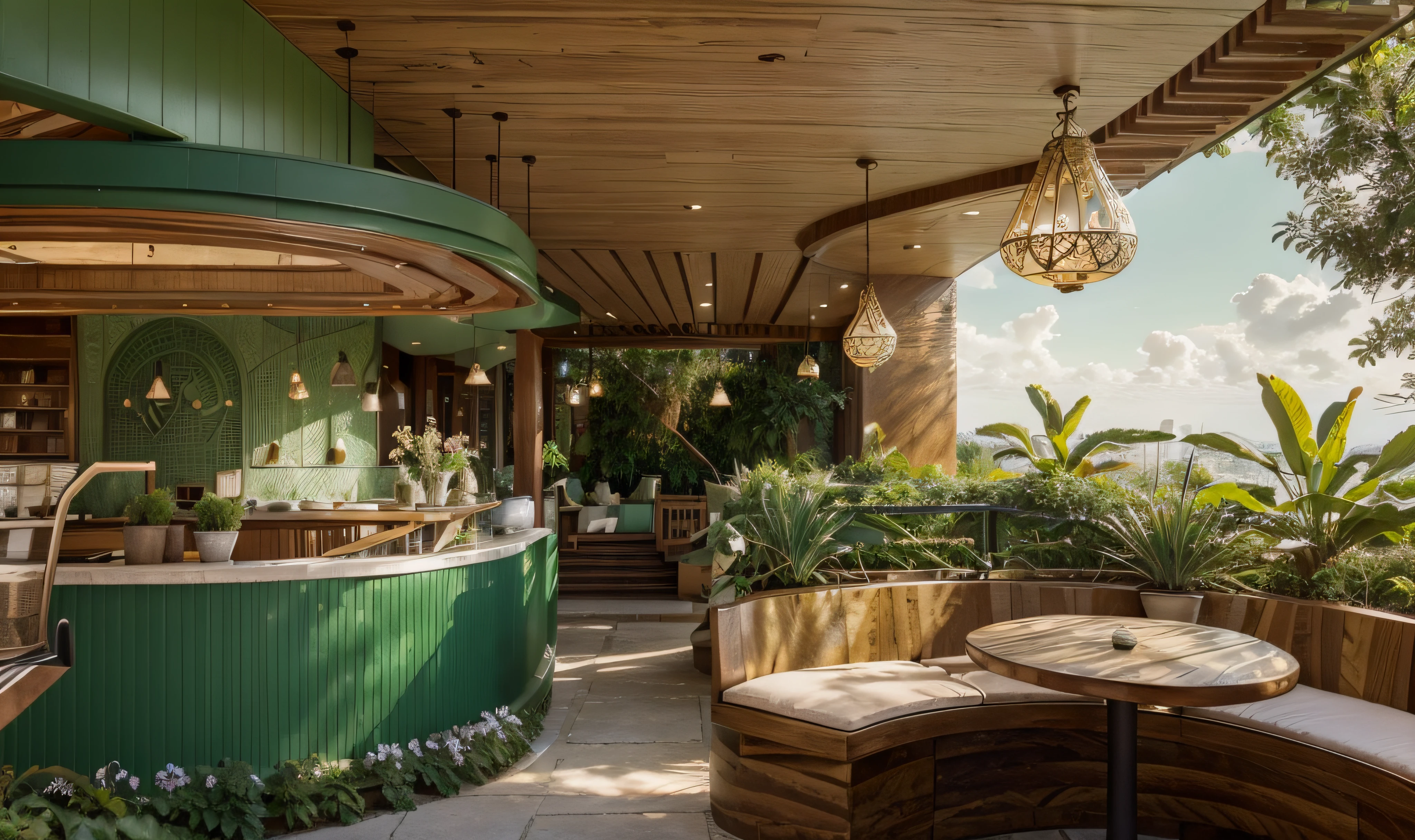 The exterior and interior design of the traditional-style café, combining the deep jewel tone of emerald green with classic pastel colors, warm wood tones, gold accents complementing earthy hues, patterned fabrics, along with an open and nature-integrated outdoor space, can be described as follows: The café's exterior showcases an expansive layout that seamlessly integrates with nature. Visitors are greeted by a vast outdoor space, its walls adorned with sophisticated emerald green patterns. Outdoor furniture made from warm woods like oak or cherry creates a relaxed ambiance, connecting patrons with the surrounding natural environment. Emerald green and classic pastel hues are employed in the interior décor, creating artistic and refined focal points within the café. Walls might feature the richness of emerald green, while smaller details like pendant lights, cushions, or wall art may incorporate classic pastel shades such as soft pink, light blue, or gentle green, fostering a sense of balance and warmth. Warm wood tones are extensively used in the interior, from sofas to chairs and various decorative elements. Oak, cherry, or mahogany woods impart a natural and rustic beauty, contributing to a cozy and traditional atmosphere. Gold accents combined with earthy tones like terracotta, saffron yellow, or olive green could be present in decorative elements like lamp bases, door handles, or mirror frames. This blending creates a touch of opulence and classicism in the space. Patterned fabrics featuring floral designs, paisley, damask, or toile are employed throughout the interior, adorning curtains, decorative pillows, and sofa upholstery, adding richness and allure to the café's interior. The spacious and nature-immersed outdoor area incorporates lush greenery, small gardens, or strategically placed plants, evoking a sense of tranquility and closeness to nature. This allows customers to savor their coffee in a serene and relaxing environment.