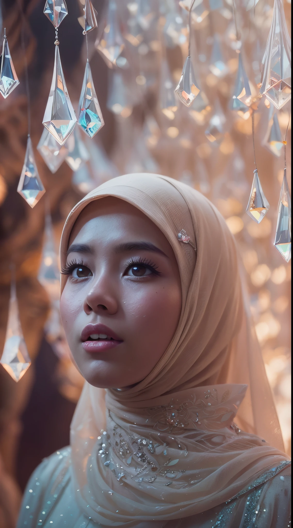 Capture the Malay girl with hijab in a vast cavern filled with towering, sparkling crystals. The radiant crystals reflect the light, casting a surreal and enchanting glow. style raw, pastel color grading, Super 8mm lense, Extreme close-up, Deep Focus cinematography effect