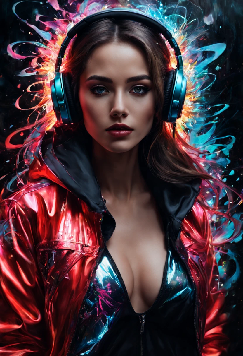 Create a full-color painting featuring a ((((fantasy, hyper realism, pastel colos of a aesthetic beauty of a woman))) dressed in a red glowing jacket and a matching black headset and colorful flowting notes with Happy pose, The artwork should draw inspiration from the graffiti art style of Carne Griffiths while showcasing insane details, intricate elements, and hyperdetailed features.
Embrace soft cinematic light with dim colors, utilizing exposure blending and HDR techniques to create a visually stunning and cinematic effect. The woman should be the focal point, radiating a Broken Glass effect around her, giving her an otherworldly presence.
Eliminate the background to focus solely on the woman, who should possess a unique and mythical aura. Her appearance should be characterized by energy, molecular textures, and iridescent, luminescent scales, creating a breathtaking beauty that borders on pure perfection and divine presence.
Craft the artwork to be unforgettable and impressive, emphasizing volumetric light, auras, and rays that play off her vividly reflecting black jacket and helmet. The final result should be an awe-inspiring depiction of the woman, exuding breathtaking beauty and mystique.