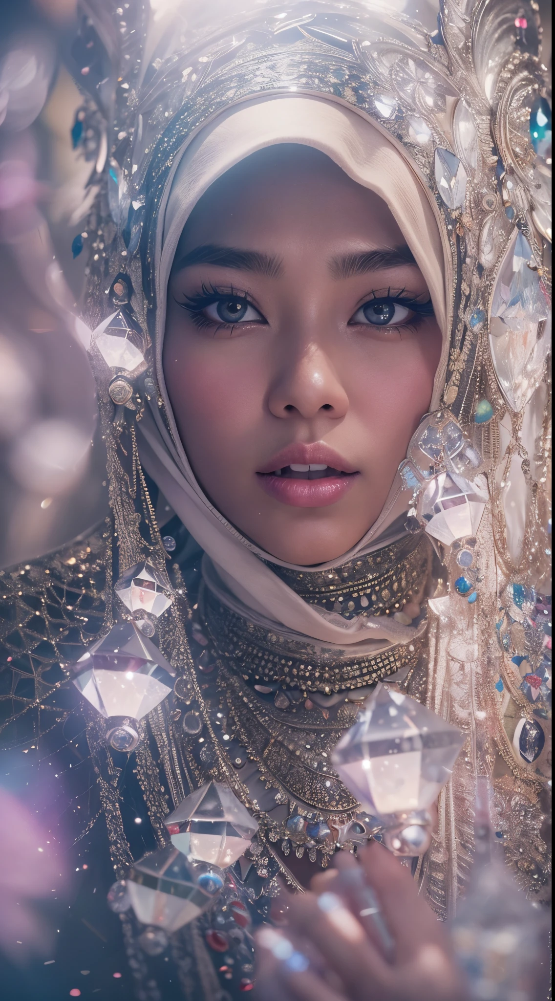 Capture the Malay girl with hijab in a vast cavern filled with towering, sparkling crystals. The radiant crystals reflect the light, casting a surreal and enchanting glow. style raw, pastel color grading, Super 8mm lense, Extreme close-up, Deep Focus cinematography effect