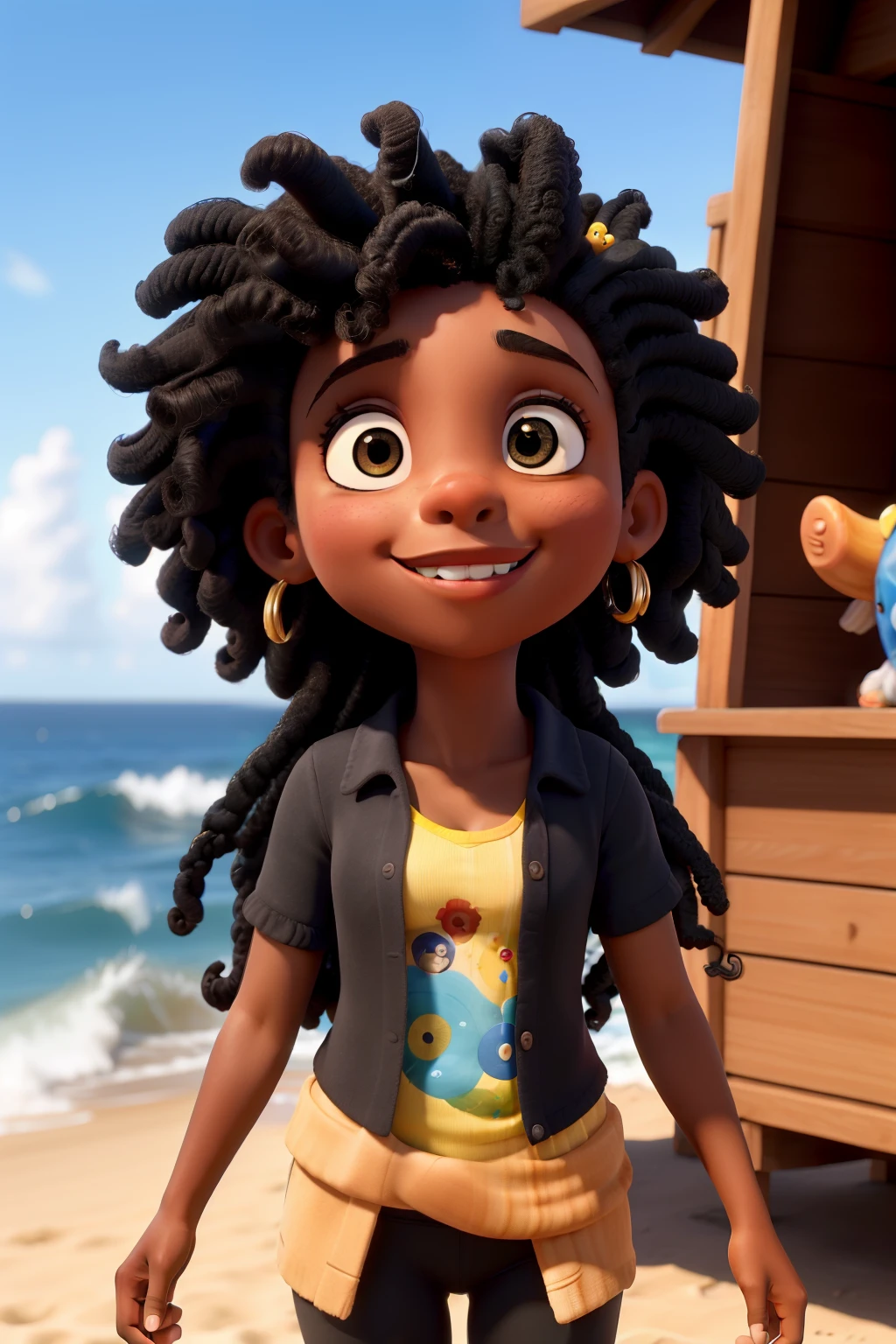 obra prima, de grande qualidade, de uma menina negra de 5 anos de cabelos cacheados brincando no mar