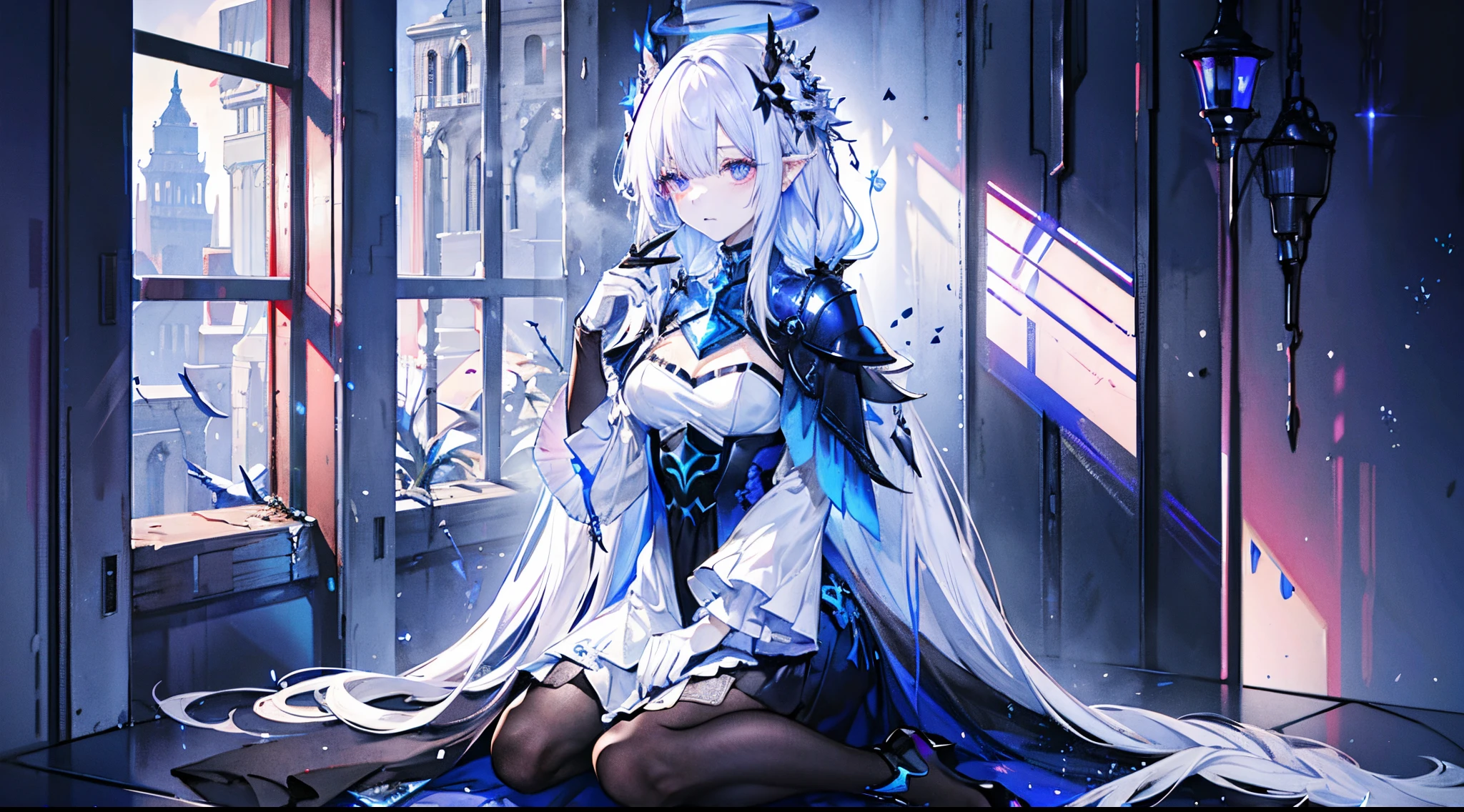 （（tmasterpiece：1.4，Best quality）），（hyper-detailing），（Ultra-detailed eyes），（Fish ears：1.5），dark halo
（cute girls），15year old，（Blood-red pupils：1.15），purple eyeshadow，sliver long hair，Bushy hair，horse tailed（wariza：1.2），pale-skinned，despair sad，vacant eyes，kneeling down
（She wears blue armor，a blue dress，：1.5），（Blue gloves：1.4）Very long plush sleeves，Chains bind hands，The white，baiyun，Dream bubbles ，black fingernails，ice and thorns，spark effects
（black long dress：1.1），
（dawn light：1.2），
（Thick black and white：1.16），（depth of fields：1.4），，Complicated details，