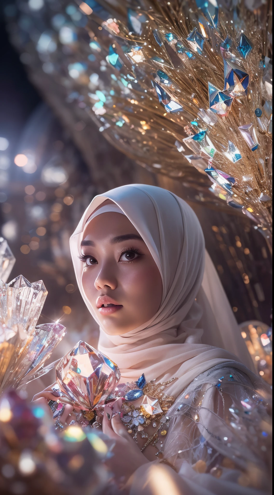 Capture the Malay girl with blue hijab in a vast cavern filled with towering, sparkling crystals. The radiant crystals reflect the light, casting a surreal and enchanting glow. style raw, pastel color grading, Super 8mm lense, Extreme close-up, Deep Focus cinematography effect