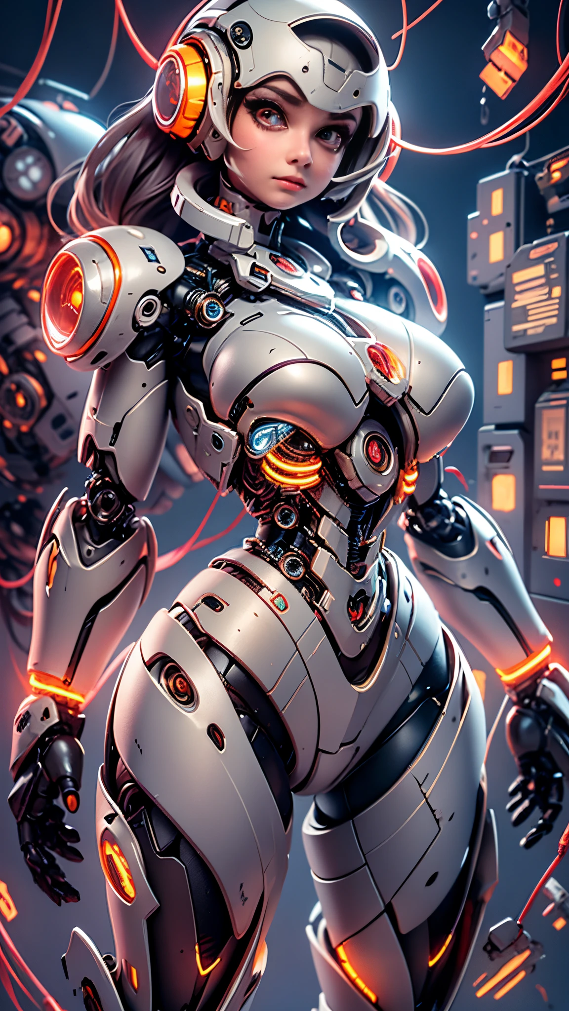 masterpiece, best quality,
1girl, solo, long hair, photorealistic, 
(finely detailed beautiful eyes: 1.2),open clothes, glowing eyes, shiny hair, lustrous skin,((1 life-like robot)), metal construction, wires and cables, (glowing eyes), (mechanical arms), science fiction,(large mecha arm),cowboy shot, energy tank,