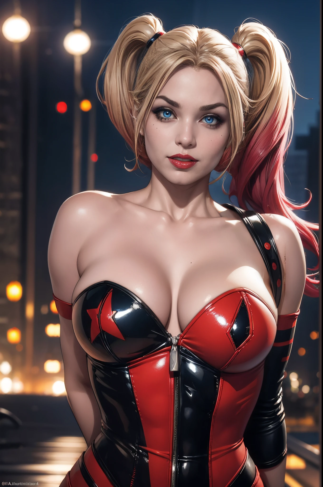 straight-on,upper-body,looking a viewer, BREAK, cartoony_Harley Quinn ,lipstick,blue eyes,makeup,lips,large breasts,鎖骨,red-lips,c,,Bodysuit,cleavage,,glittering,center opening, BREAK, official arts,extremely detailed CG unity 8k wallpaper, perfect lighting,Colorful, Bright_front_s face_illumination,sparkly skin, (Masterpiece:1.0),(Best_Quality:1.0), extra high resolution,4k,Ultra-detailed, photografic, 8K, HDR, hight resolution, (absurdress:1.2), Kodak Portra 400, Film grain, blurred background, (bokeh:1.2), lens flare, (Vibrants_Color:1.2),professional photo of a, (Beautiful_s face:1.5), Protruding Breasts, Torpedo Tits, city background at night, rooftop skyscraper, show skin, slutty, naughty, mischievious, crazy