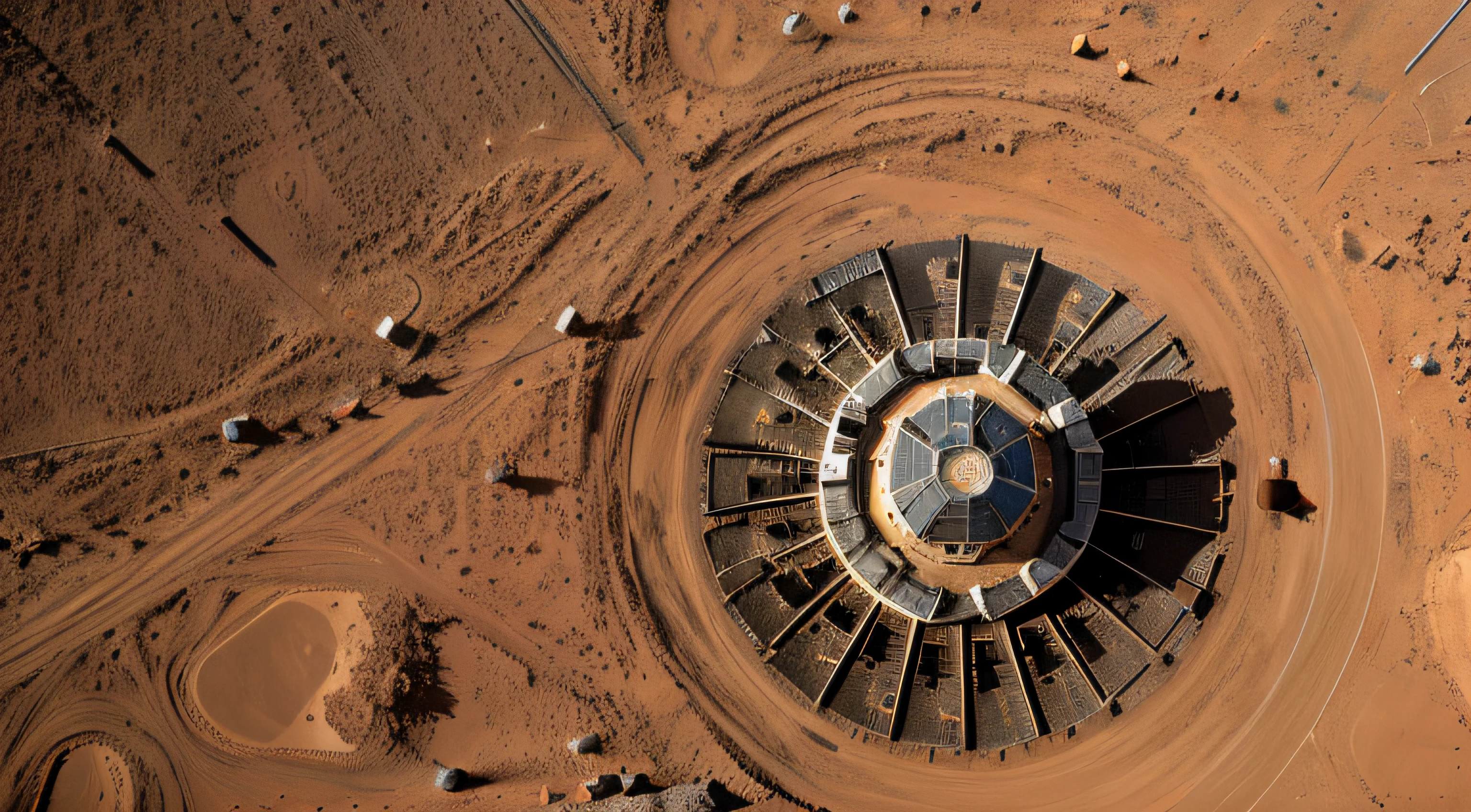 On Mars, a huge cutting-edge drilling machine is at work. The Martian ground is dotted with metallic texture and many mining workers. Bright pictures, different machines, starry sky, daytime, digging into large mechanical details, super wide angle, bird's eye view, high reality, light and dark