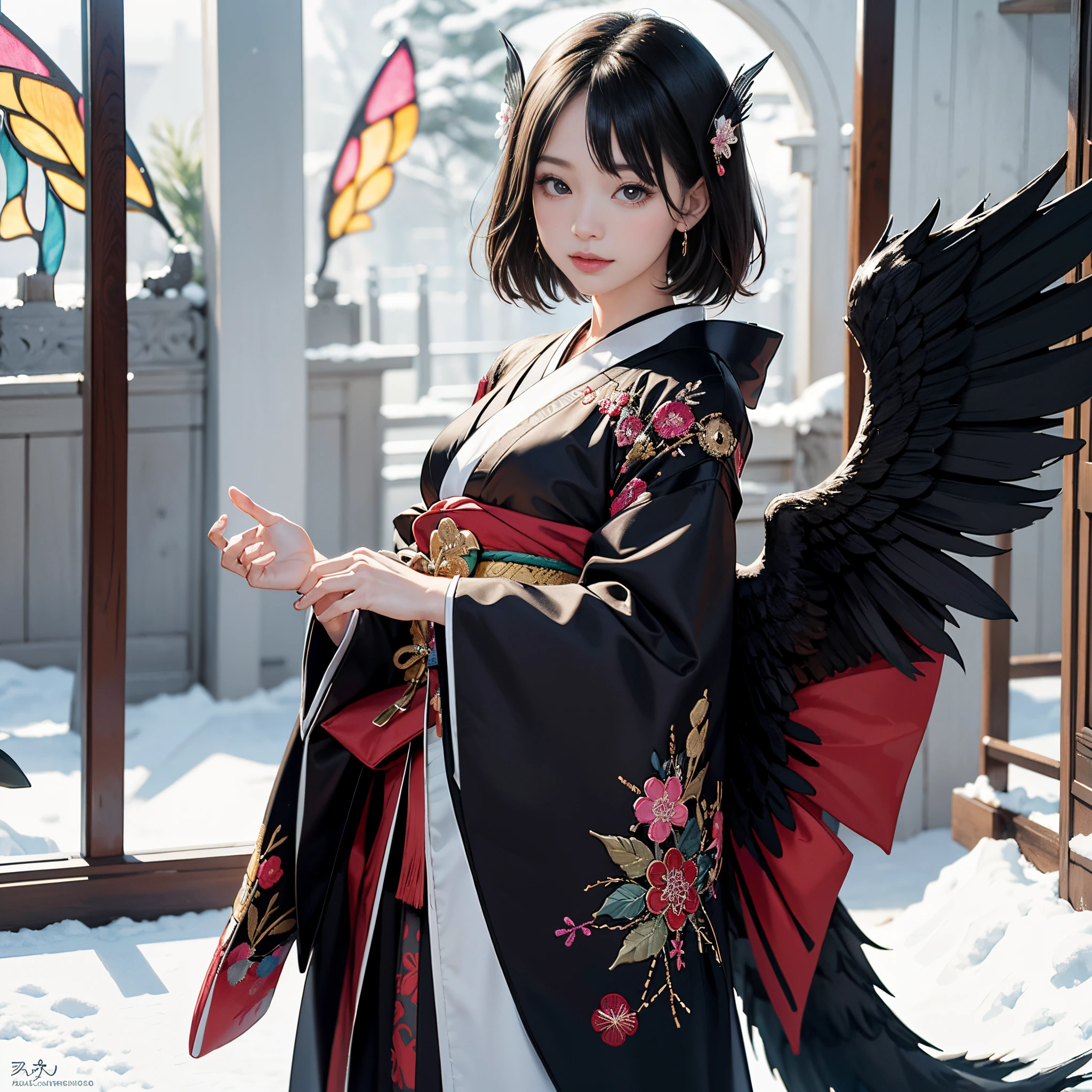 Background of details(Kyoto city with snow),BREAK ,elaborate costume(Luxurious Japan kimono(Colorful kimono(detailed embroidery)(Black fallen angel-like wings grow))),BREAK,(1 Beautiful and classy adult woman(Shy smile:1.2)(Japanese actressl:1.2)(A dark-haired:1.2(short-hair:1.2))),(eye glass:1.2),(Standing in front of the stained glass and looking at me),BREAK,Wallpaper 16K,Blur the background,)(masutepiece,Best Quality,Portrait photos):1.5),full body Esbian