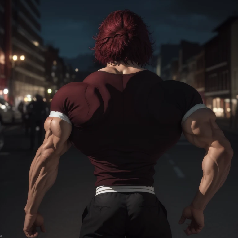 Altas, alta qualidade,(Beautiful), ((master part)),cores vibrantes, sozinho,1st grade, Foco masculino, manly, musculoso, musculoso masculino, red hair, sozinho, cabelo espetado,not shirt, black pants, from behind,