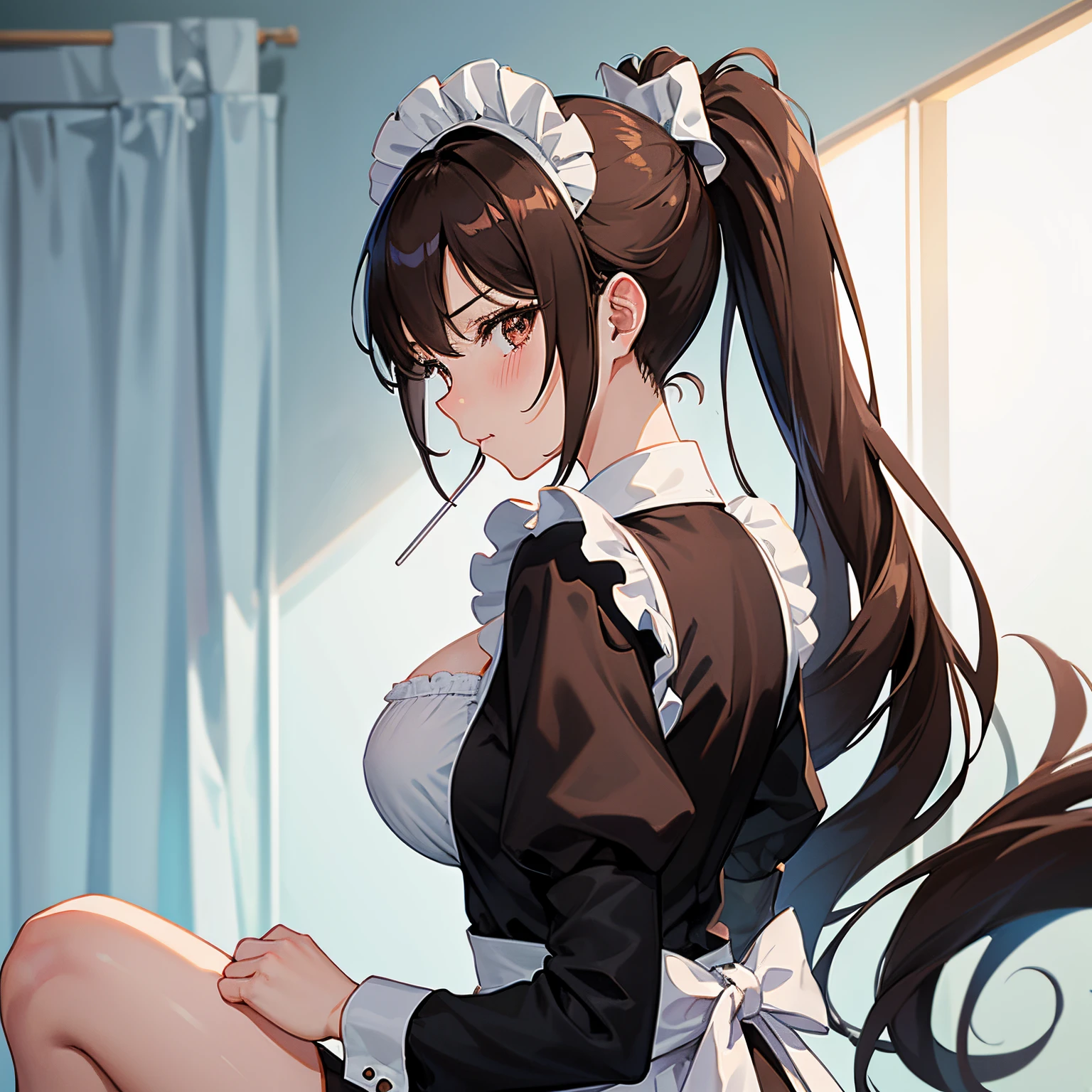 "anime girl, 1 person, dark brown hair, ponytail, ponytail, hair tied, brown eyes, lollipop in mouth, maid, maid, big breasts, blushing, solo, side view  before, (full HD 4K+ image )"