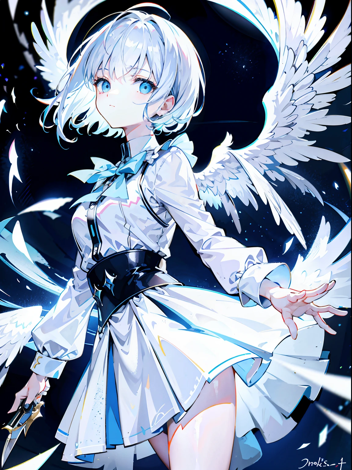 the angel's wings,white color hair,short detailed hair,vacant eyes,Light blue skirt,With a knife in his hand,A half body,frontage,A detailed face,Delicate hair