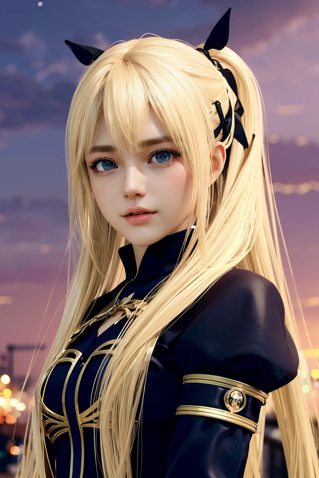 Marie Rose, anime girl with blonde hair and hair ornament, artwork in the style of guweiz, photorealistic anime girl render, photorealistic anime, Hyper realistic anime, Anime. Soft lighting, soft portrait shot 8 k, Realistic anime art style, 3 d anime realistic, 8K Art Germ Bokeh, Anime Realism Style, kawaii realistic portrait, Beautiful anime portraits、wearing black gothic clothes、wearing black gothic accessories、