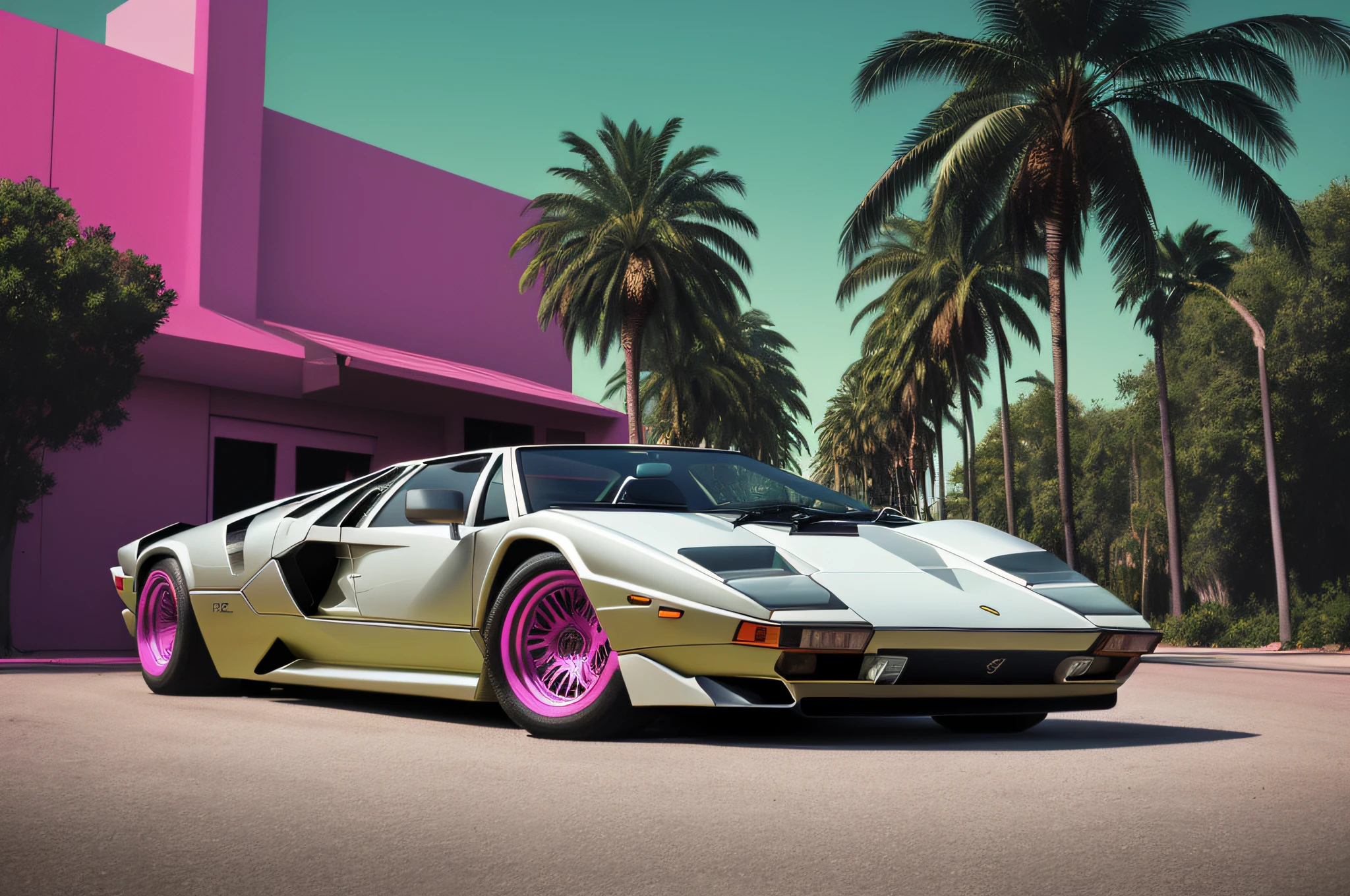 "Create a 1980s synthwave poster featuring palm trees, laser-like lines, a Lamborghini Countach, and a humorous cartoon style. Use vibrant colors and bold contours., realistic"