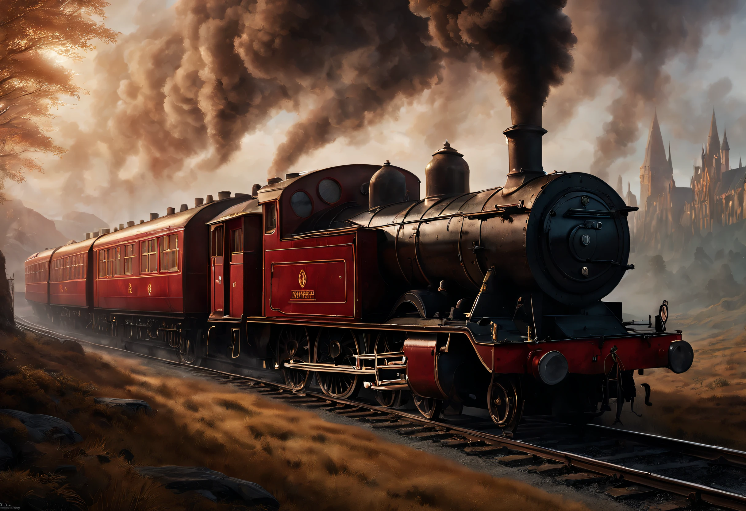 ultra-realistic realism, romanticism lain, Sci-fiism，mistic，thriller，ray traycing, Atmospheric perspective, in a panoramic view, wide angles, Sony FE masterpiece, , high detal, high high quality, Award-Awarded, Best quality, A high resolution, 8K， 
（Hogwarts Express），It consists of a group of scarlet steam locomotives，Each carriage is made of dark oak，Carved windows，Brass door catch，There are gilded letters on the roof.，Spell out &quot;Hogwarts Express&quot;，The carriages are connected by iron corridors，The corridor is covered with the brightest red carpet，Steam locomotive smoke fills the cold morning，It gives a hazy and mysterious feeling。 when the train pulls into the station，Its whistle can cheer people up，The train has also been described as having a soul of its own，It wakes up sleeping passengers at specific times，Lead them to their destiny。This is a description of what the Hogwarts Express looks like，it&#39;s not just a train，It’s more of a symbol，A symbol that leads students to the mysterious and dangerous world of magic。