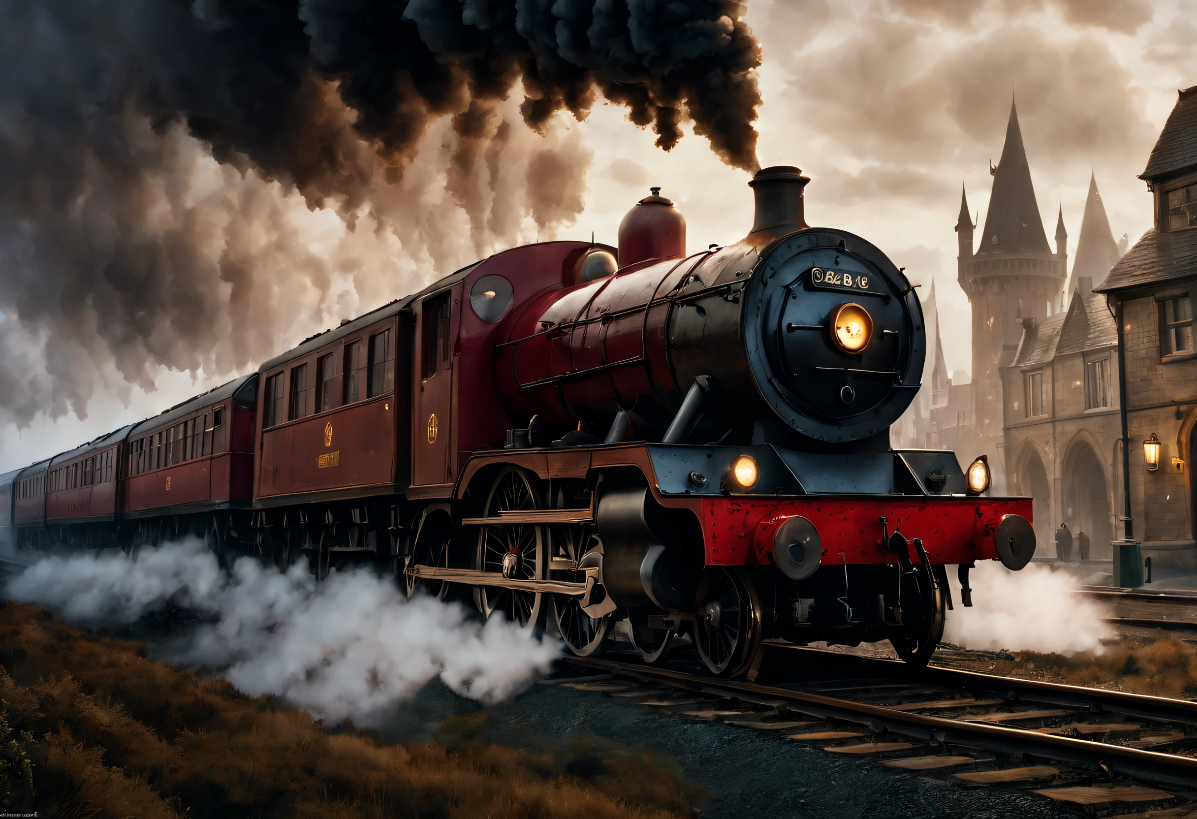 ultra-realistic realism, romanticism lain, scientism,mistic,Thriller,Ray traching, atmosphric perspective, in a panoramic view, wide angles, Sony FE masterpiece,, high detal, high high quality, Award-Awarded, Best quality at best, A high resolution, 8K
(Hogwarts Express),It consists of a group of scarlet steam locomotives,Each carriage is made of dark oak,Carved windows,Brass door catch,(There are gilded words on the roof.,spell out &cite;Hogwarts Express&cite;),There is an iron corridor connecting the carriages.,The corridor is covered with the brightest red carpet,Steam locomotive smoke fills the cold morning,It gives a hazy feeling、mystical feeling, when the train comes into the station,Its whistle can cheer people up,Trains have also been described as having a soul of their own,It wakes up sleeping passengers at a specific time,Lead them to their destiny,Inspired by the movie《Harry Potter》,
Background with:A mysterious and dangerous platform covered in ice leads to Hogwarts School of Witchcraft and Wizardry.