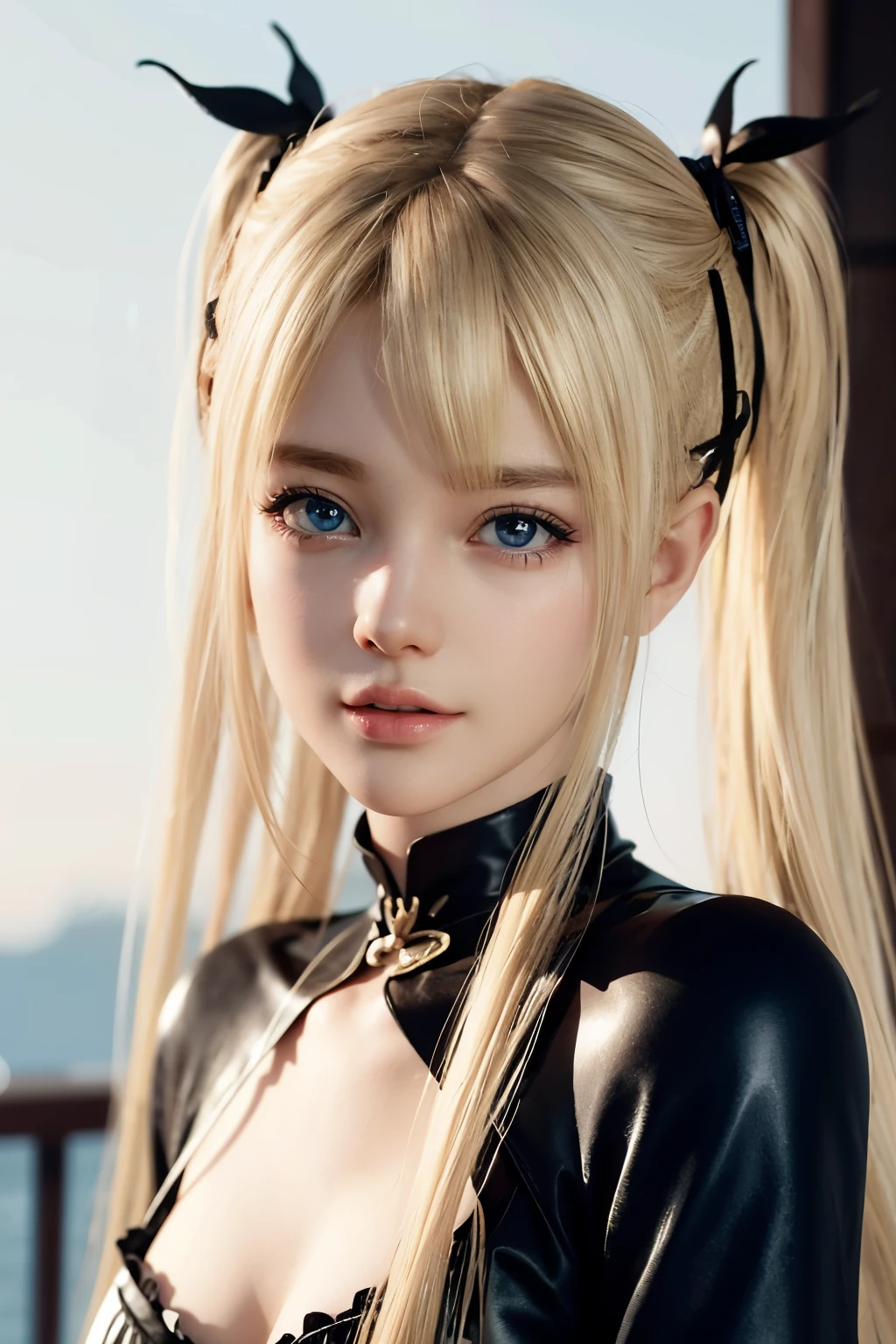 Marie Rose, anime girl with blonde hair and hair ornament, artwork in the style of guweiz, photorealistic anime girl render, photorealistic anime, Hyper realistic anime, Anime. Soft lighting, soft portrait shot 8 k, Realistic anime art style, 3 d anime realistic, 8K Art Germ Bokeh, Anime Realism Style, kawaii realistic portrait, Beautiful anime portraits、wearing black gothic clothes、wearing black gothic accessories、