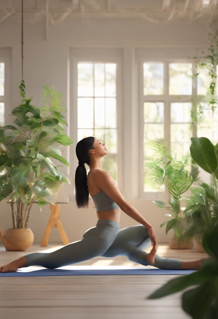 Yoga Serenity: "Black-haired Latina girl practicing yoga in a peaceful, minimalist room with plants and soft, natural light.
