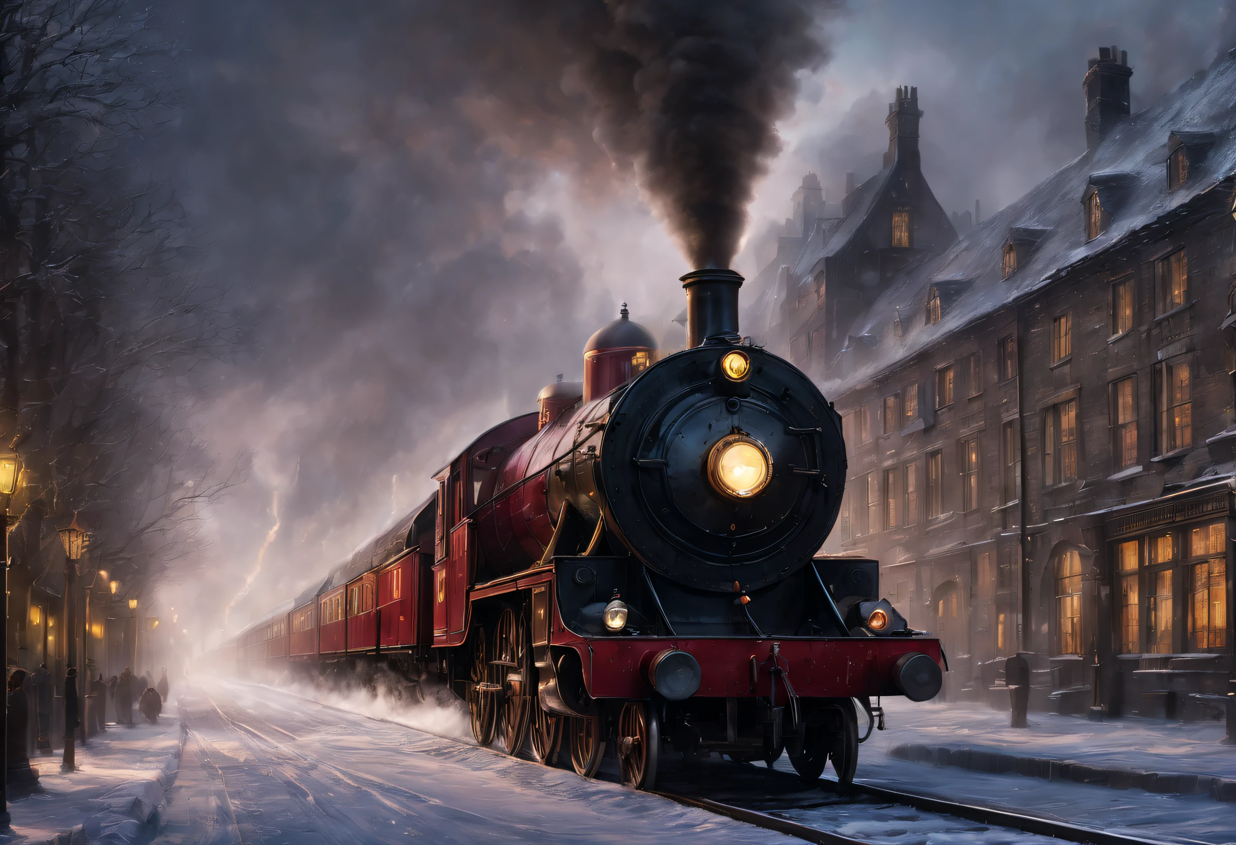 ultra-realistic realism, romanticism lain, sci-fy，mistic，Wonderful and magical，number art，mistic，Thriller，ray traycing, Atmospheric perspective, in a panoramic view, wide angles, Sony FE masterpiece,, high detal, high high quality, Award-Awarded, Best quality, A high resolution, 8K， （Hogwarts Express），It consists of a group of scarlet steam locomotives，Each carriage is made of dark oak，Carved windows，Brass door catch，There are gilded words on the roof.，spell out &cite;Hogwarts Express&cite;，There is an iron corridor connecting the carriages.，The corridor is covered with the brightest red carpet，Steam locomotive smoke fills the cold morning，It gives a hazy feeling、mystical feeling。 when the train comes into the station，Its whistle can cheer people up，Trains have also been described as having a soul of their own，It wakes up sleeping passengers at a specific time，Lead them to their destiny。The Hogwarts Express is more than just a train，hori&#39;More of a symbol，Symbols that lead students into the mysterious and dangerous world of magic。Inspired by the movie《Harry Potter》 Background with：A mysterious and dangerous magical world covered in ice and snow