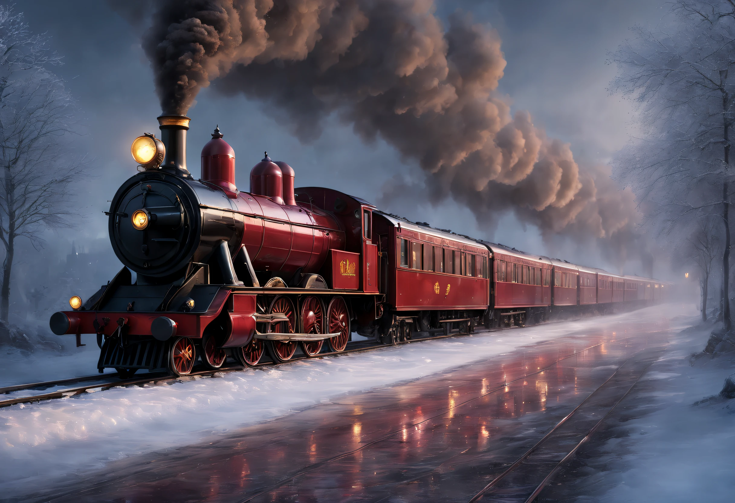 ultra-realistic realism, romanticism lain, sci-fy，mistic，Wonderful and magical，number art，mistic，Thriller，ray traycing, Atmospheric perspective, in a panoramic view, wide angles, Sony FE masterpiece,, high detal, high high quality, Award-Awarded, Best quality, A high resolution, 8K， （Hogwarts Express），It consists of a group of scarlet steam locomotives，Each carriage is made of dark oak，Carved windows，Brass door catch，There are gilded words on the roof.，spell out &cite;Hogwarts Express&cite;，There is an iron corridor connecting the carriages.，The corridor is covered with the brightest red carpet，Steam locomotive smoke fills the cold morning，It gives a hazy feeling、mystical feeling。 when the train comes into the station，Its whistle can cheer people up，Trains have also been described as having a soul of their own，It wakes up sleeping passengers at a specific time，Lead them to their destiny。The Hogwarts Express is more than just a train，hori&#39;More of a symbol，Symbols that lead students into the mysterious and dangerous world of magic。Inspired by the movie《Harry Potter》 Background with：A mysterious and dangerous magical world covered in ice and snow