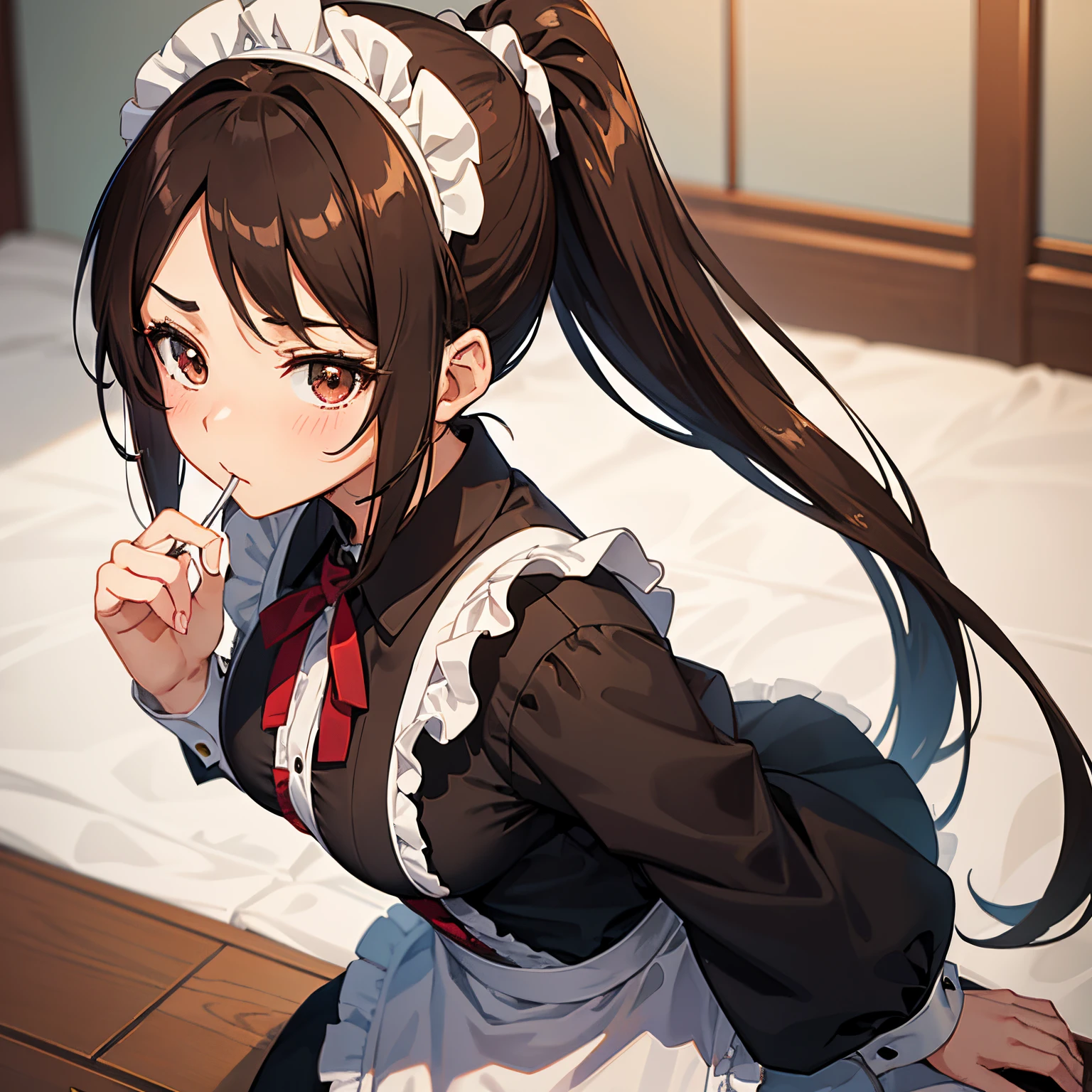"anime girl, 1 person, dark brown hair, ponytail, ponytail, hair tied, brown eyes, lollipop in mouth, maid, maid, big breasts, blushing, solo, side view before, (full HD 4K+ image )"