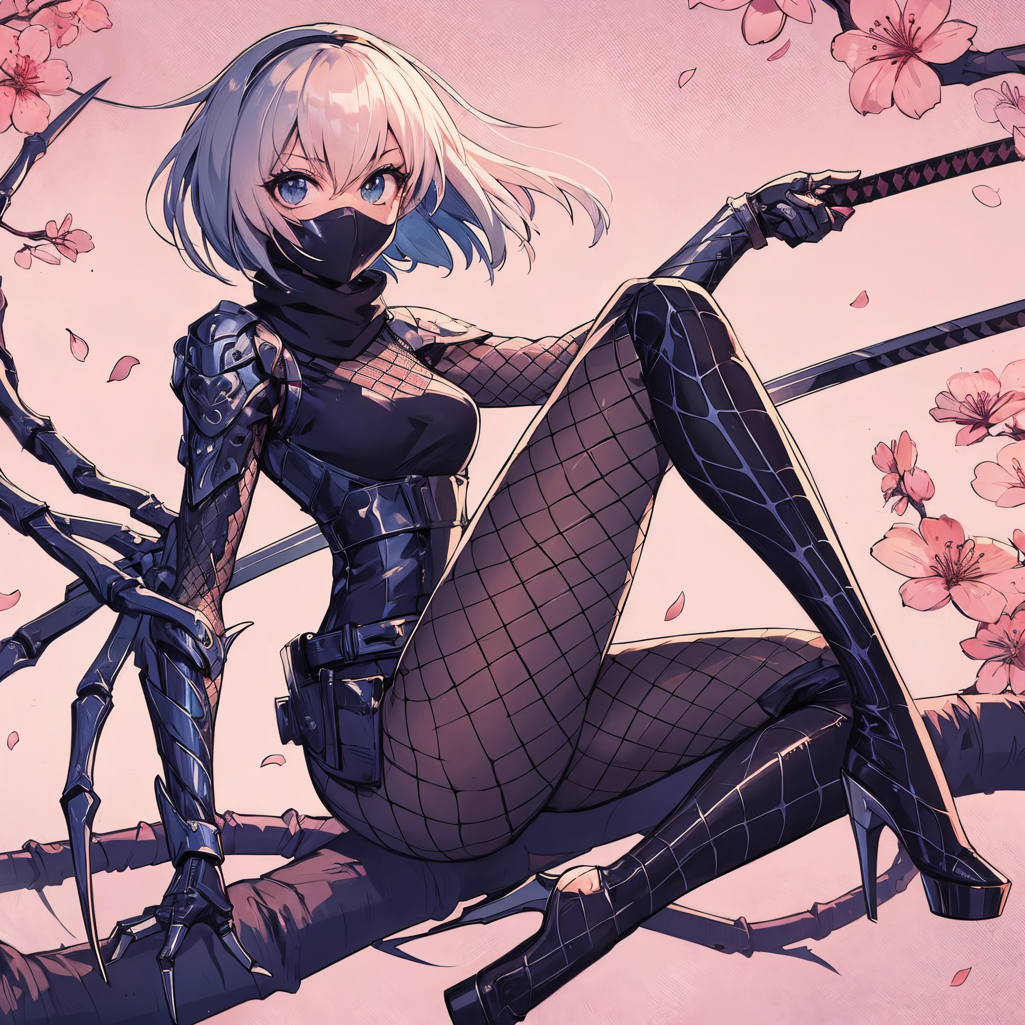 inja girl. Armor fused with a spider. Fishnet tights. Ready your sword. spider legs. color. anime style. Cherry blossom background.