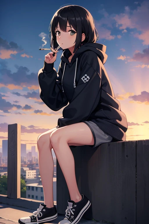 best quality, masterpiece, 1Girl , miyamizu mitsuha,black hair, brown eyes, Hoodie gray , Black shorts ,Black Converse shoes ,Holding a smoking, city background