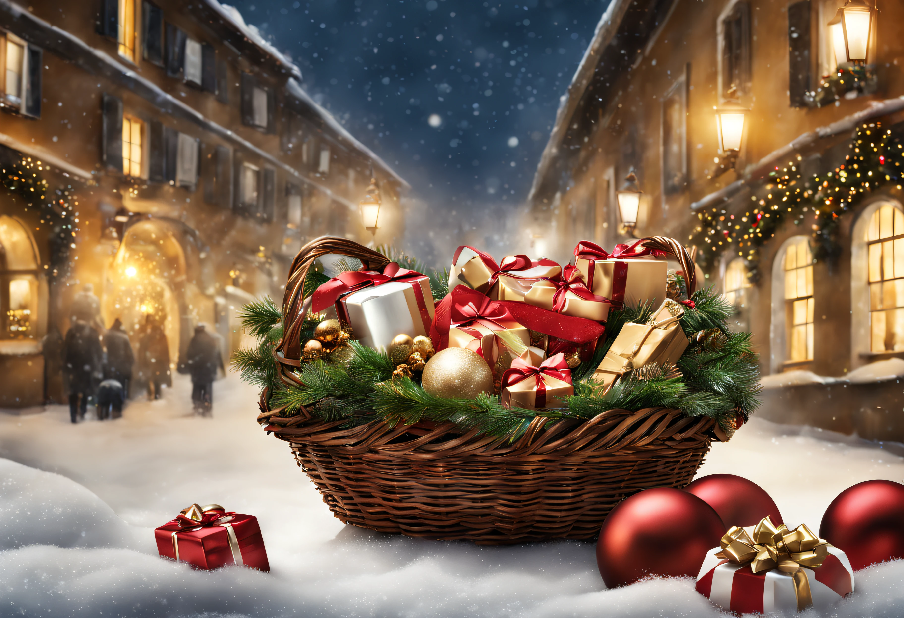 (best quality,highres,masterpiece:1.2),ultra-detailed,realistic,photorealistic:1.37,Italian Christmas scene,web banner,gifts in a basket,Christmas decorations,advertising