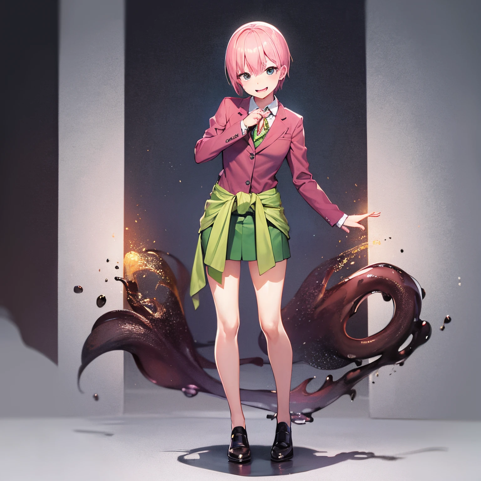 2d, masterpiece, best quality, anime, highly detailed, 1girl, solo, full body, nakano ichika, yandere, smile,saliva,pink hair, short hair, ahegao,slime string on finger, open clothes, cardigan around waist, blazer, collared shirt, green skirt, standing, straight-on, smile, white background, simple background