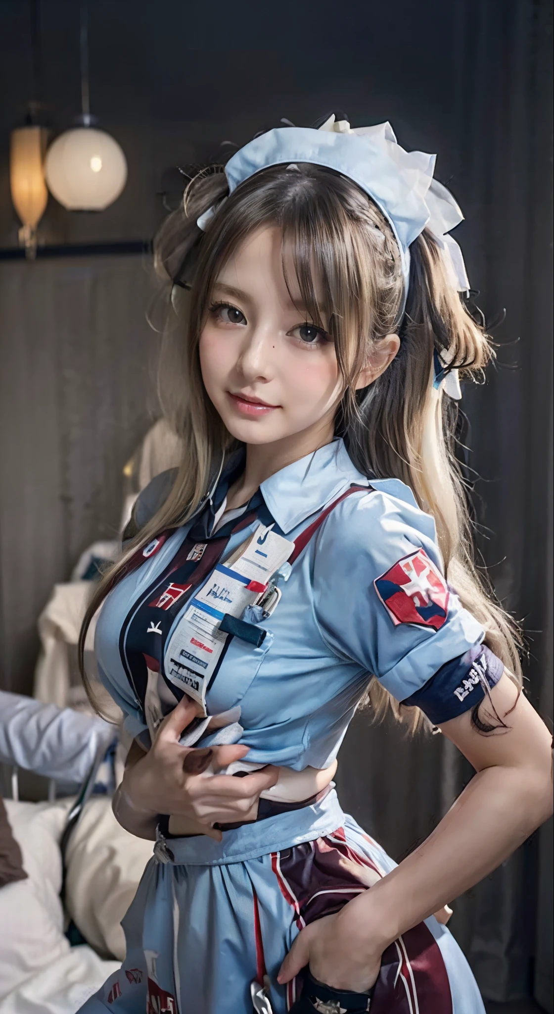 Sexy and very beautiful cute face、shiny beautiful skin、White beautiful skin、Beautiful pale light blue eyes, Beautiful very long blonde hair、(blondehair:1.3)、Lots of sexy bangs、18 years old cute little face beautiful girl、Nurse Uniform Cosplay、(White nurse uniform:1.2)、Nurse Costume、(dynamicposes:1.2)、(Crowded hospitals:1.4)、hospitals、(in a house:1.3)