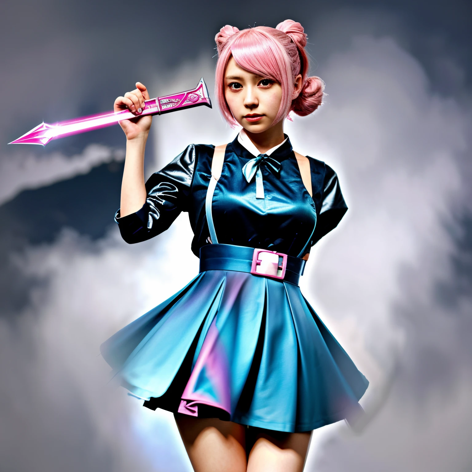 Kawaii magic girl with cool weapon, pretty, pink, kawaii anime girl,