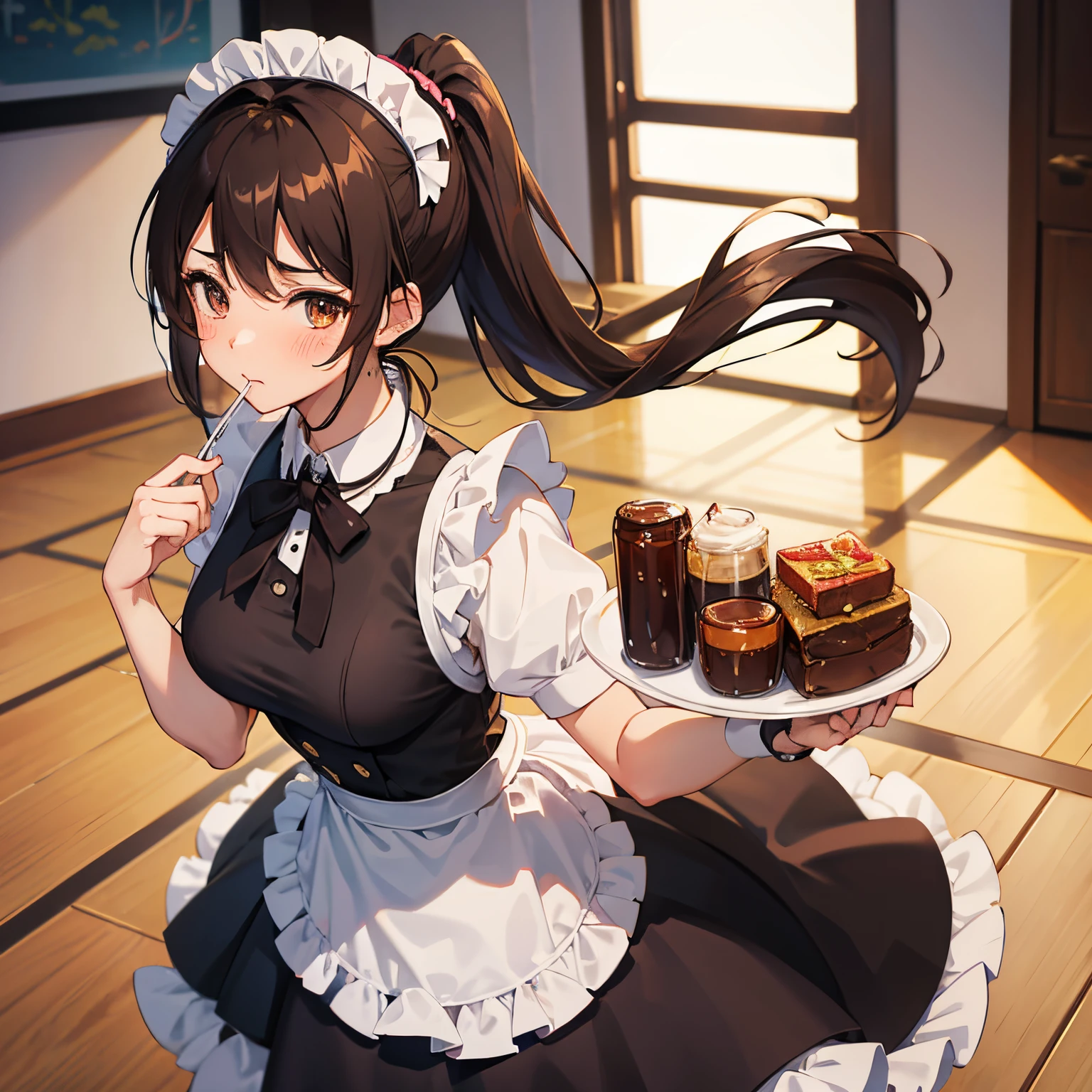 "anime girl, 1 person, dark brown hair, ponytail, ponytail, holding serving tray, brown eyes, lollipop in mouth, maid, maid, big breasts, blushing, serving,  solo, front view, (full HD 4K+ image )"