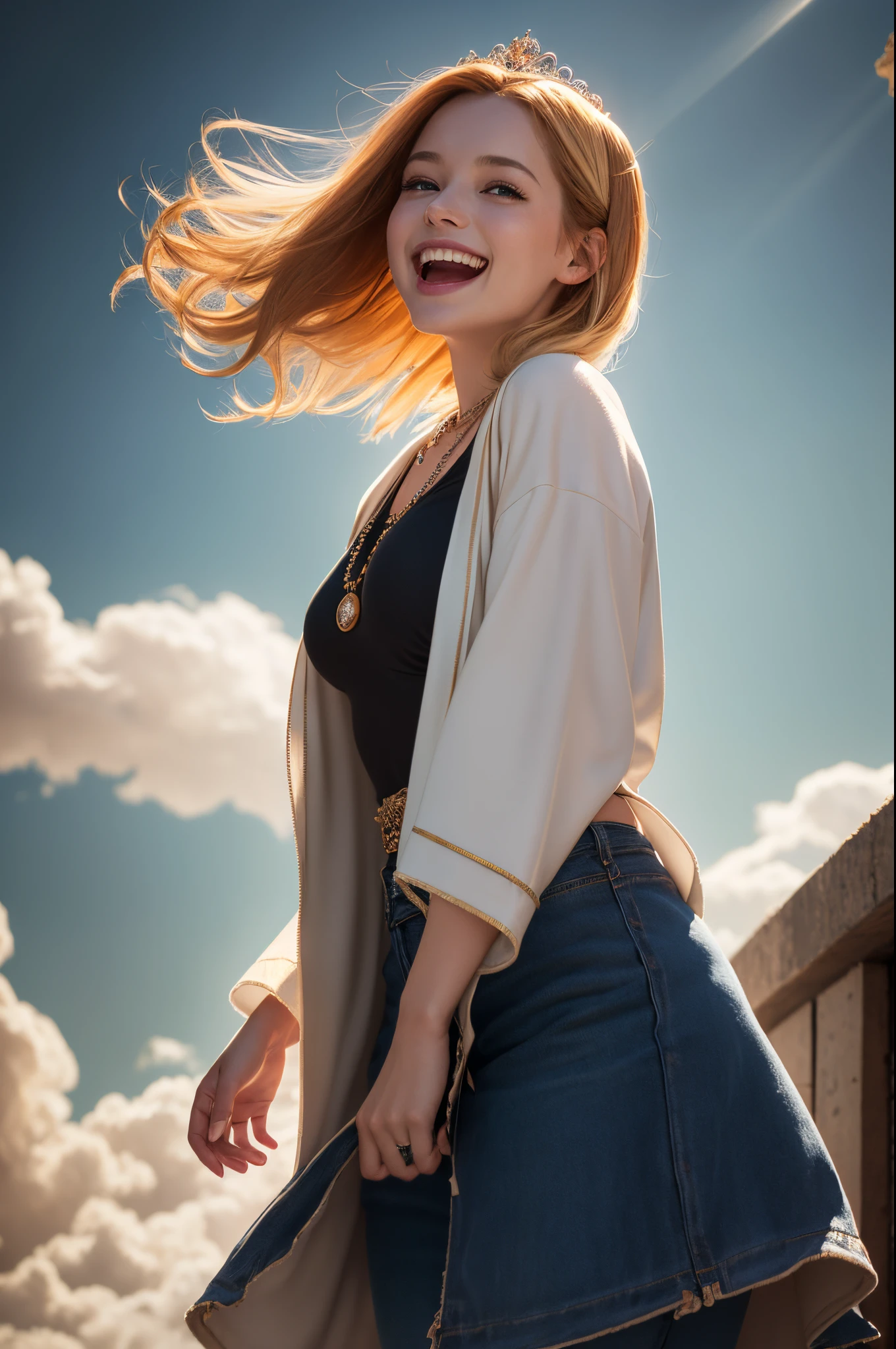 Young goddess, (Her clothes are all flipping up by extremely strong wind:1.5), (wearing robe, tiara, necklace, (blonde | auburn) hair, blue eyes), (background random great nature), (laughing, big smiling), { (dramatic lighting:1), (rembrandt lighting:1.2), surrealism, god rays }, ((masterpiece, 8K highest resolution)), wide view, { (seen from back:0), (reveal pelvis:0) }