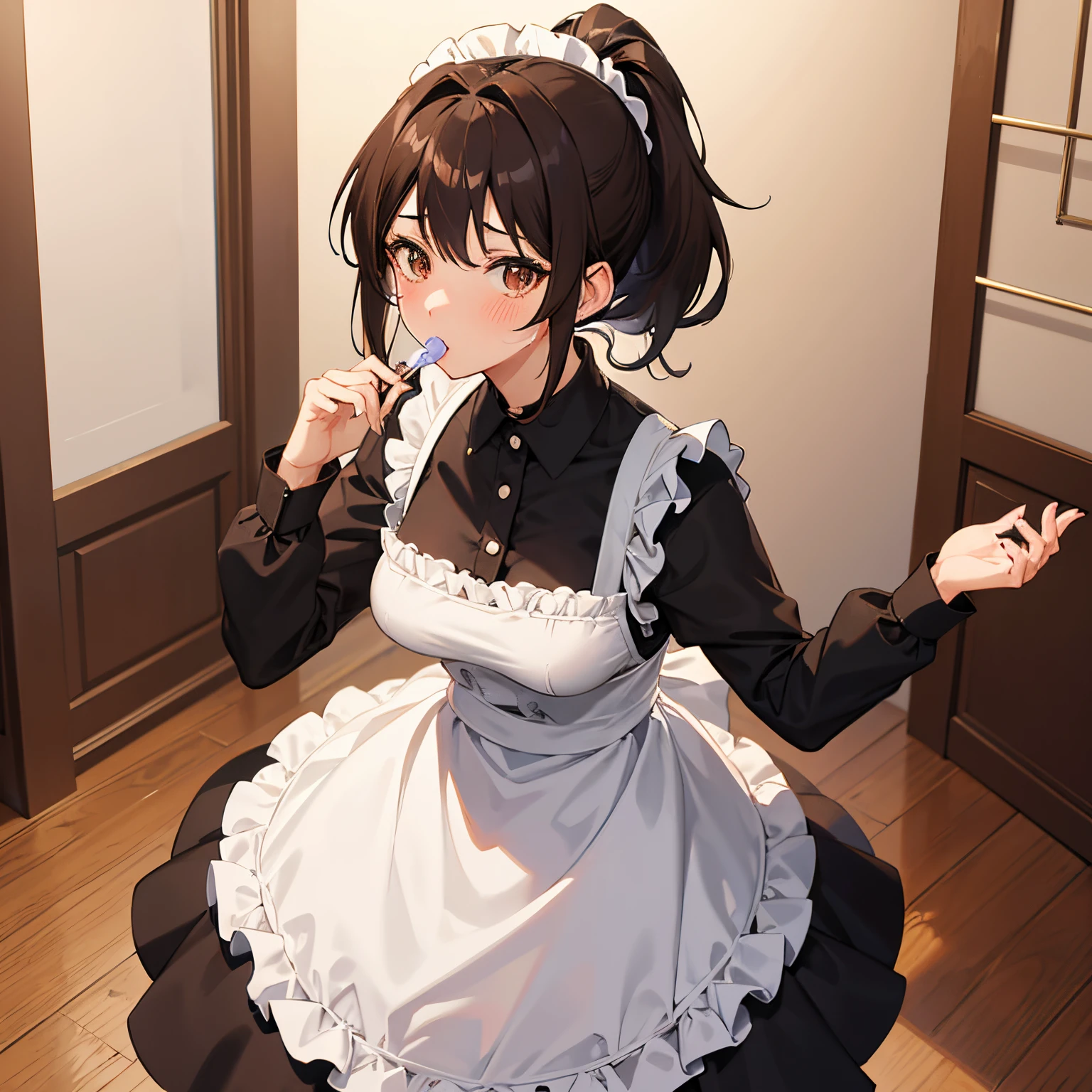 "anime girl, 1 person, dark brown hair, ponytail, ponytail, holding serving tray, brown eyes, lollipop in mouth, maid, maid, big breasts, blushing, serving,  solo, front view, (full HD 4K+ image )"