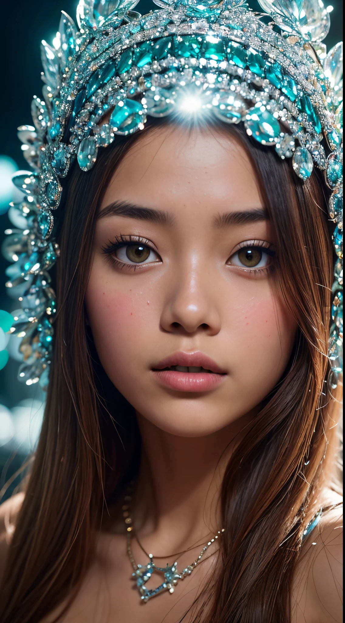 Capture the Malay girl with hijab in a vast cavern filled with towering, sparkling crystals. The radiant crystals reflect the light, casting a surreal and enchanting glow. style raw, pastel color grading, Super 8mm lense, Extreme close-up, Deep Focus cinematography effect