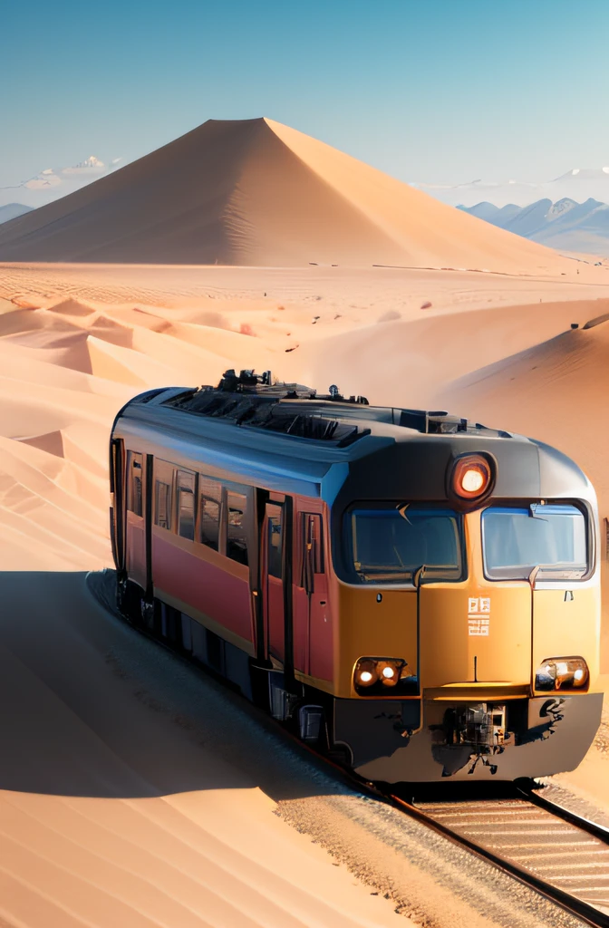 speeding train，surrounded by wilderness，sand dune，4K Ultra HD, 超高分辨率, (realisticlying: 1.4), Best quality at best，tmasterpiece